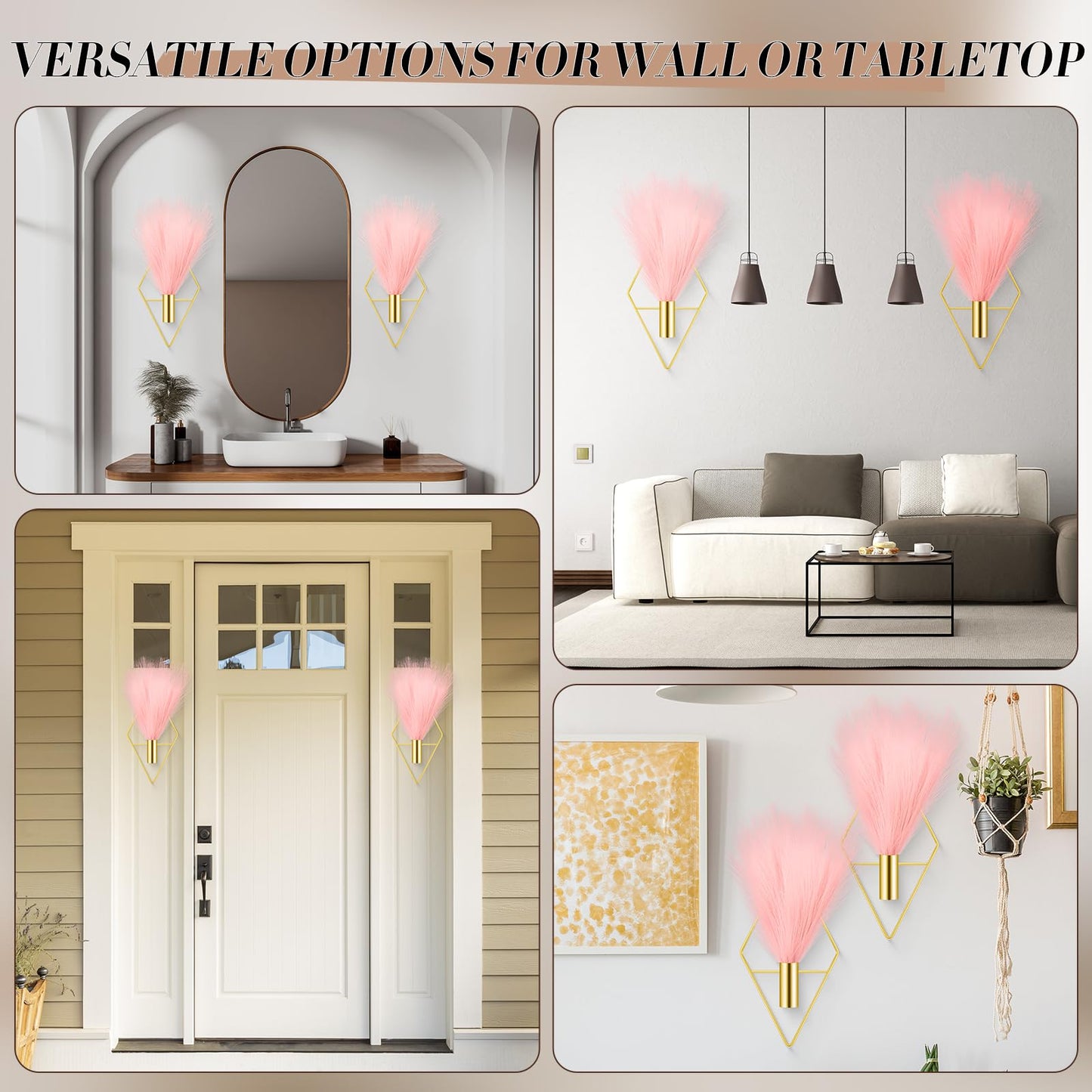 Hanaive 4 Sets Boho Gold Wall Decor Metal Wall Art Hanging Planters with Artificial Pampas Display Art Modern Home Metal Vase for Bedroom Living Room Home Office(Gold, Pink)