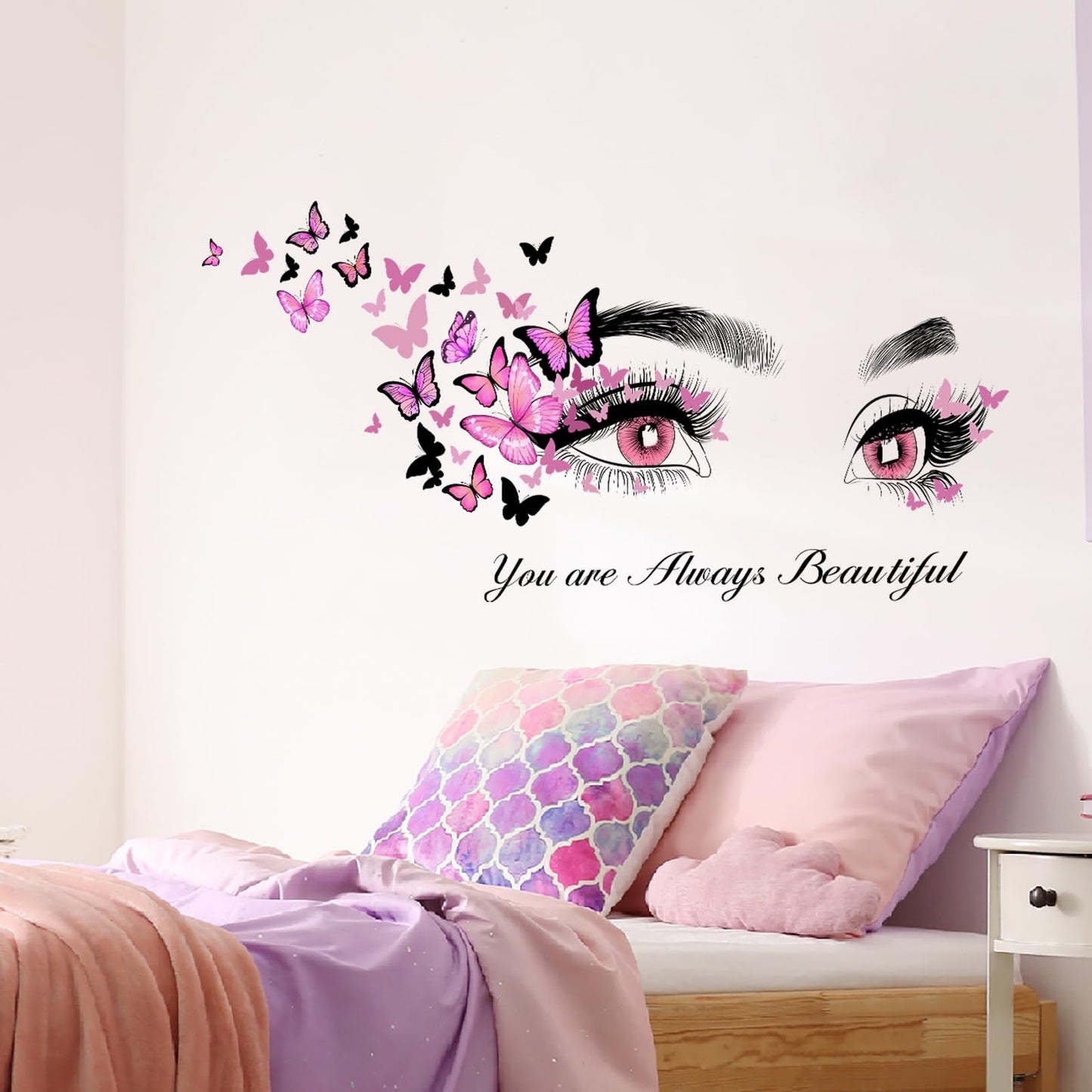 Beautiful Eyelash Eyes Wall Stickers Flying Butterfly Wall Decals You are Always Beautiful Quotes Wall-Decor Vinyl Art Butterflies Decor Stickers for Women Girls Bedroom Living Room Decor