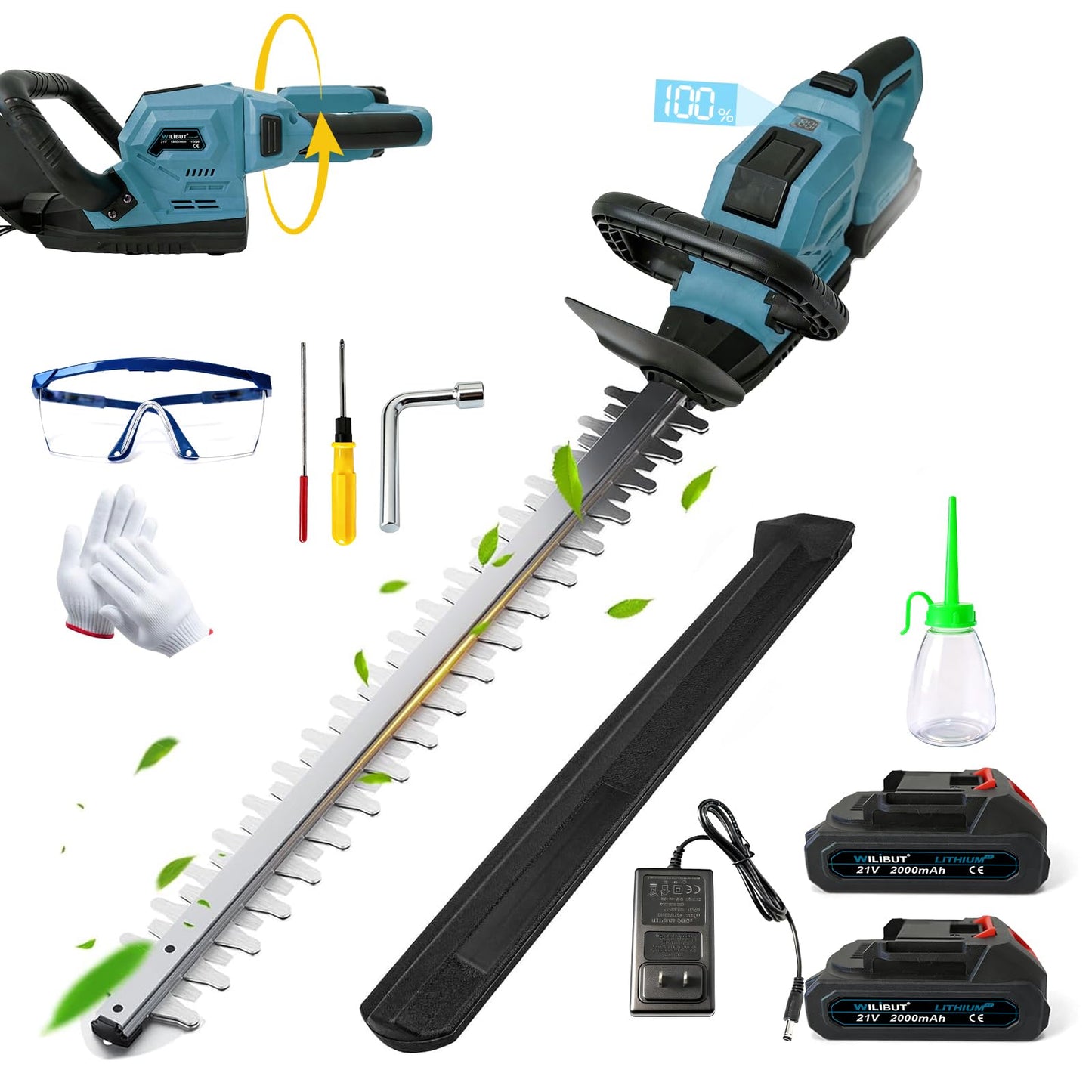 22'' Hedge Trimmer Cordless, Electric Handheld Bush Clipper with 180° Rotatable Handle, LCD Display, Brushless Motor, Battery Powered Bush Trimmer for Yard, Garden, 2 * 2.0 Batteries & Charger, Blue
