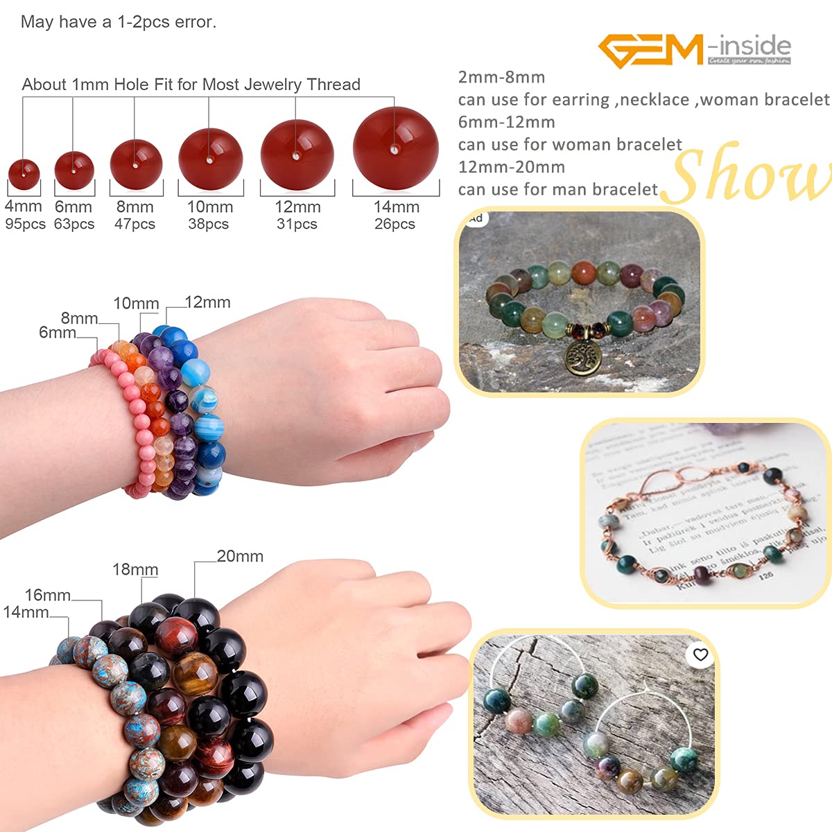 GEM-Inside Indian Agate Gemstone Loose Beads 8mm Round Crystal Energy Stone Power for Jewelry Making 15"