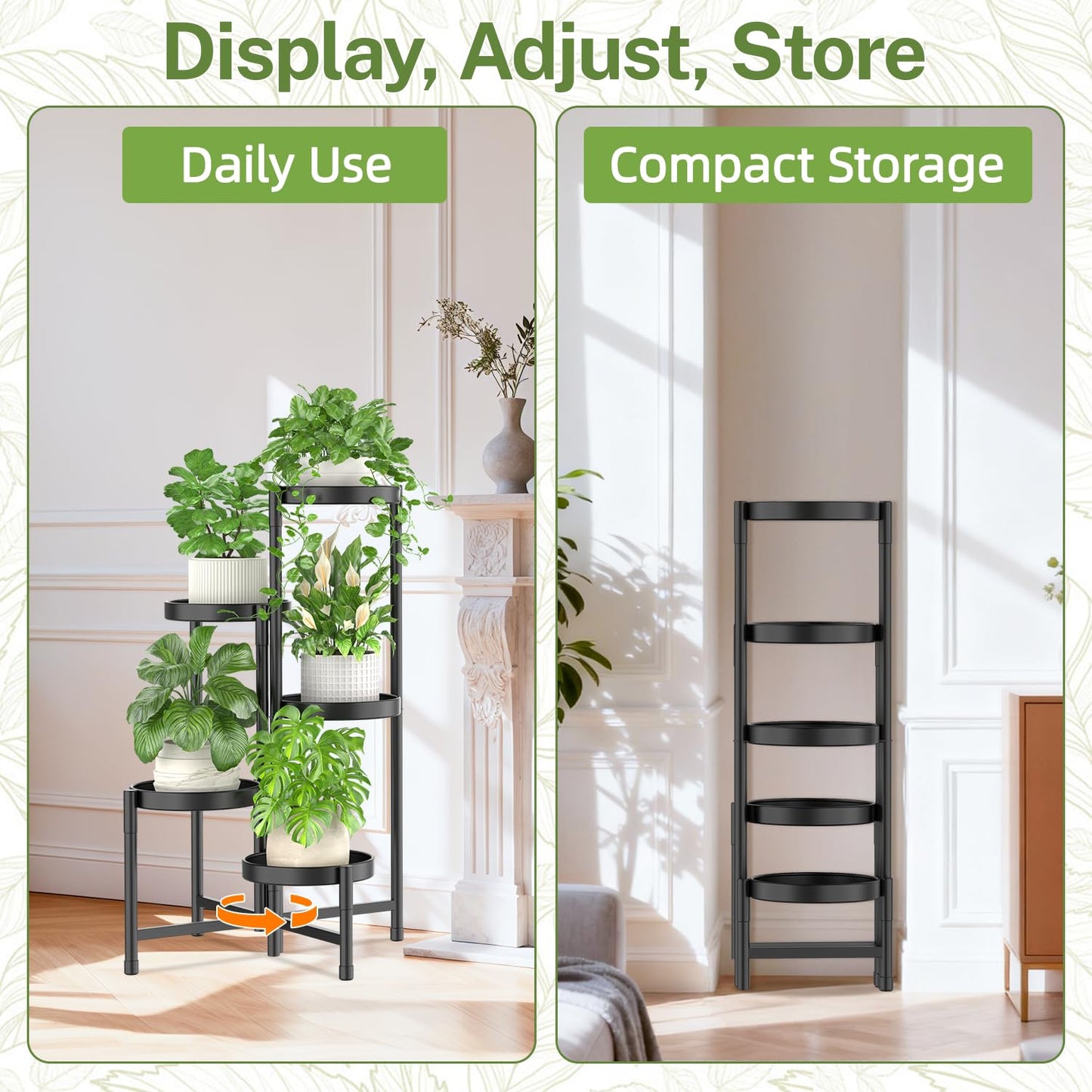 iDavosic.ly Plant Stand Indoor with Grow Light, 5 Tier Corner Metal Flower Display Holder Shelf, Easy Assembly Folding Tall Orchid Rack for Patio Balcony Porch Garden Living Room House, Black