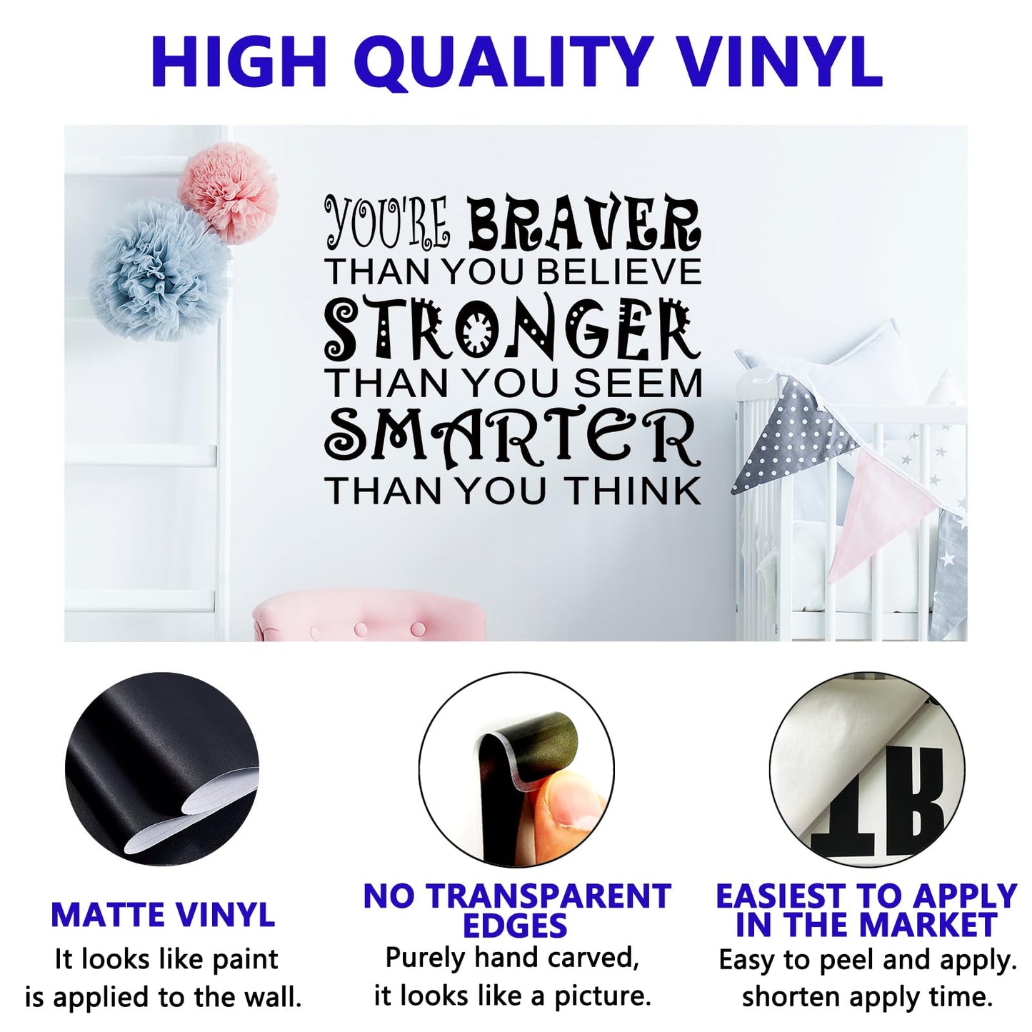 Kids Quotes Wall Stickers for Classroom: Girls Boys Teen Motivational Positive Inspirational Vinyl Art Wall Decals for Playroom School Bedroom - You're Braver Than You Believe Stronger 18" X 15"