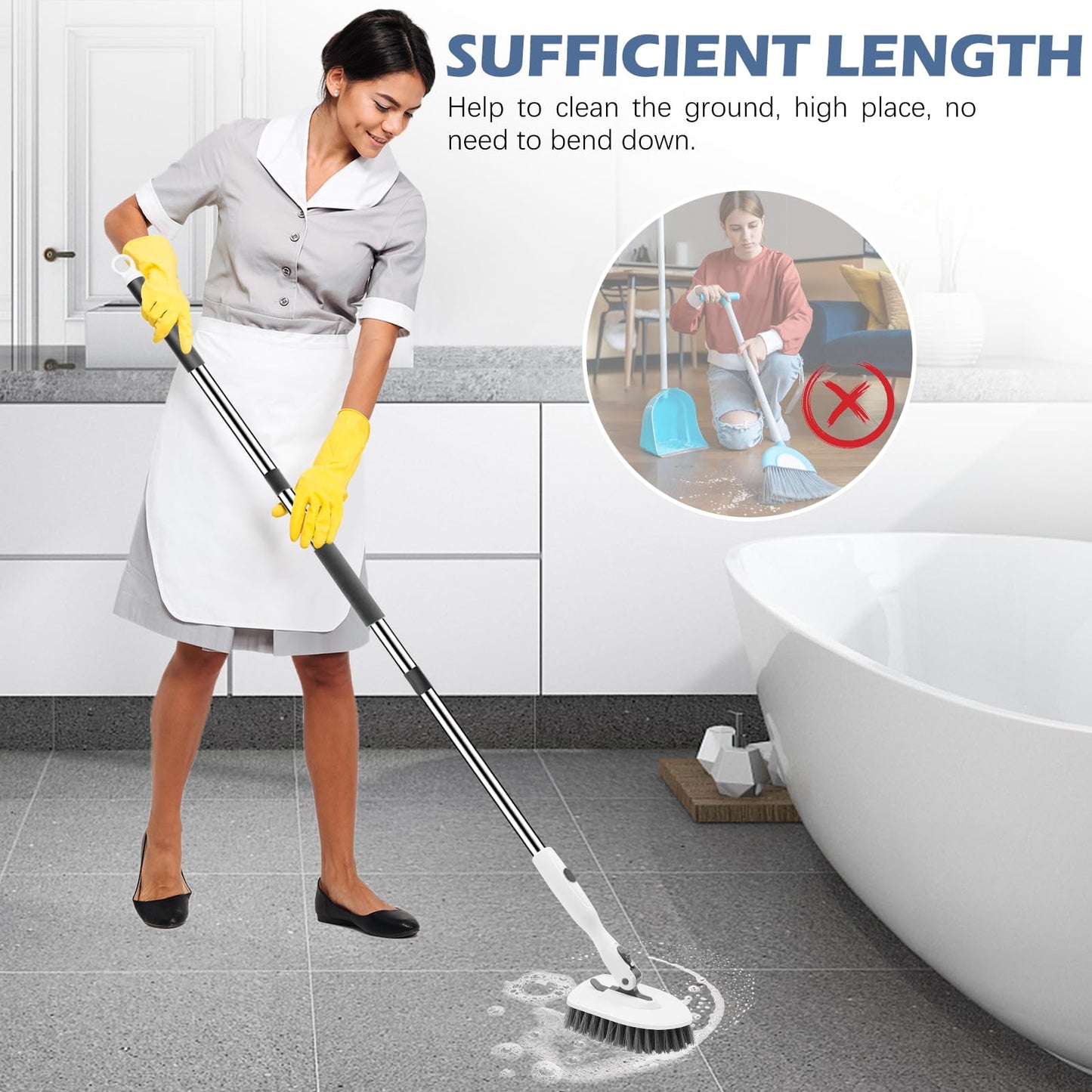 SetSail Floor Scrub Brush, 3-in-1 Tile Tub Floor Scrubber with 52-inch Adjustable Long Handle Shower Cleaner Brush and 4 Detachable Replacement Brush Heads for Cleaning Bathroom Tub Tile, White Grey