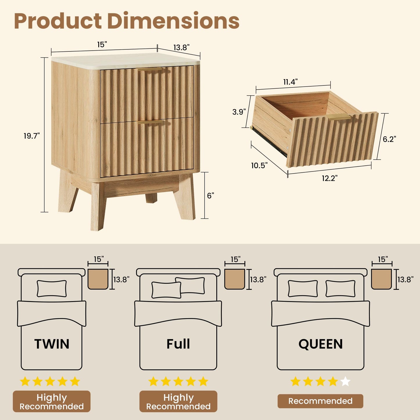 TROJM Fluted Nightstand Set of 2,Modern End Table with Faux Marble Top,2 Storage Drawers Side Table,Bedside Table for Bedroom, Living Room,Curved Profile Design Furnitue,Natural Oak
