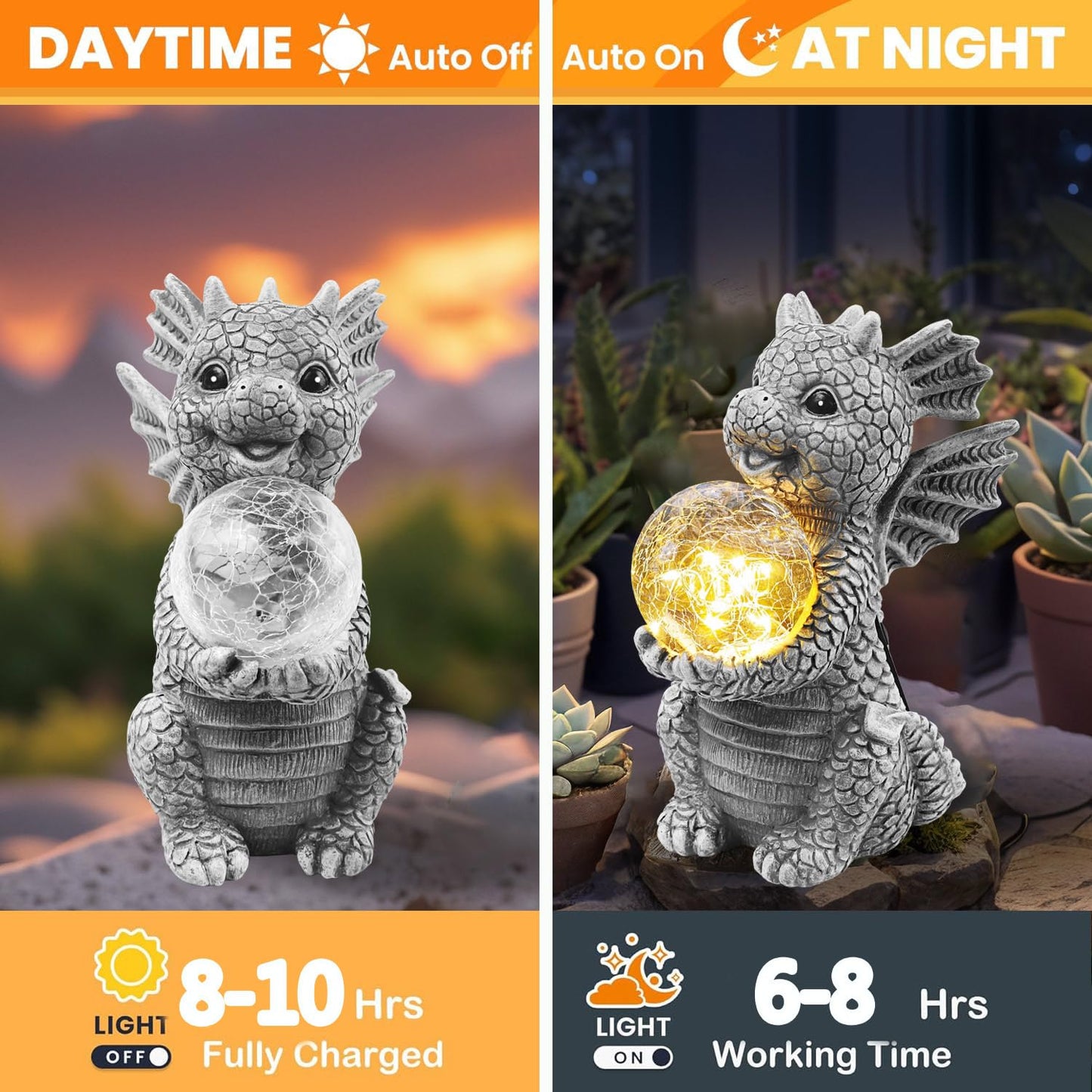 Newinhome Solar Garden Decorations - Dragon Statue with Crackle Glass Ball Light - Garden Decor for Patio, Yard, Lawn, Pathway, Landescape - Housewarming Gifts - Dragon Gifts for Women Mom Grandmom