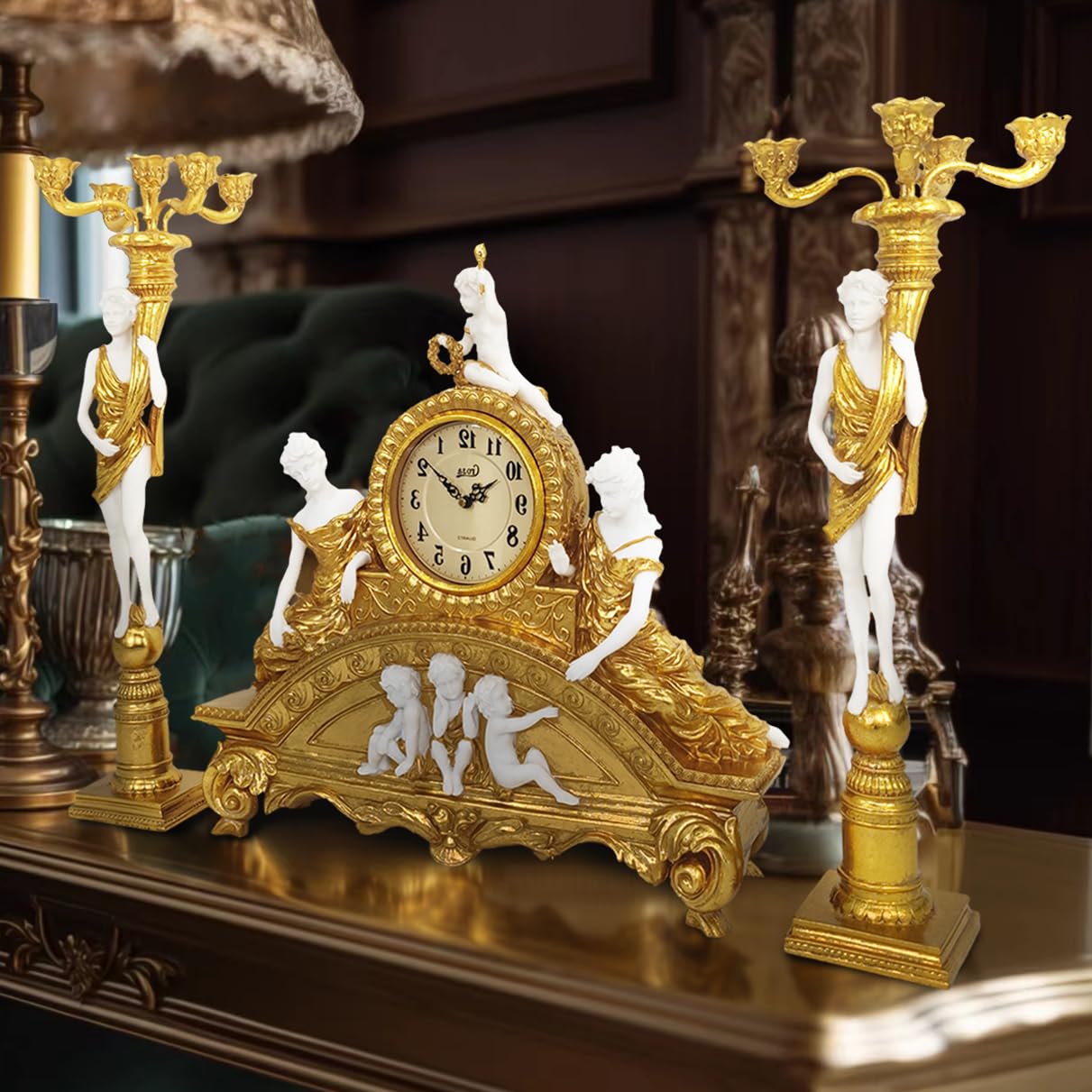 GENUINQ Clock Ornate Rococo Style Mantel Clock with Candelabras Candle Holders Gold for Home Decor