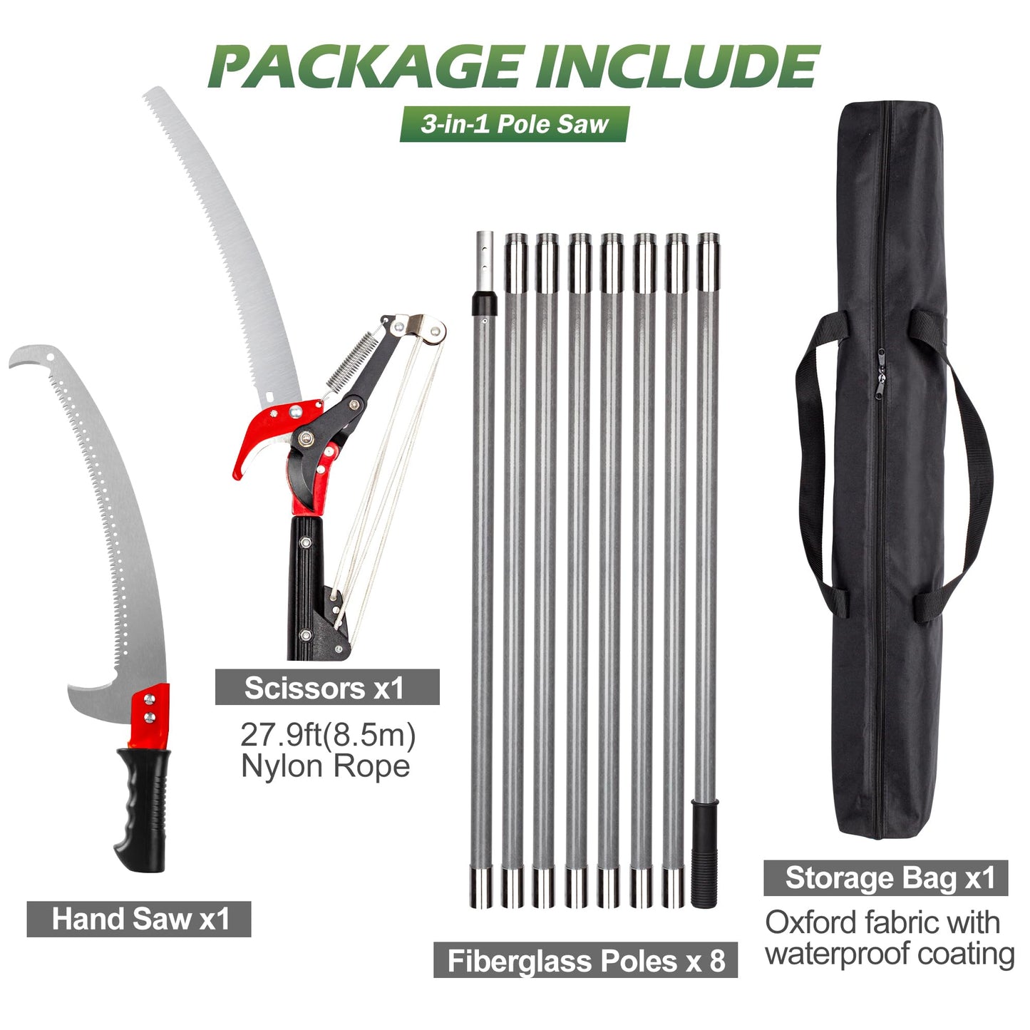 Walensee Pole Saws for Tree Trimming, Extendable Tree Pruner,Manual Branch Timmer with Blade and Scissors High Branches Pruning Fiberglass Pole Pruner and Cutter Garden Tool with Storage Bag 7.2-27FT