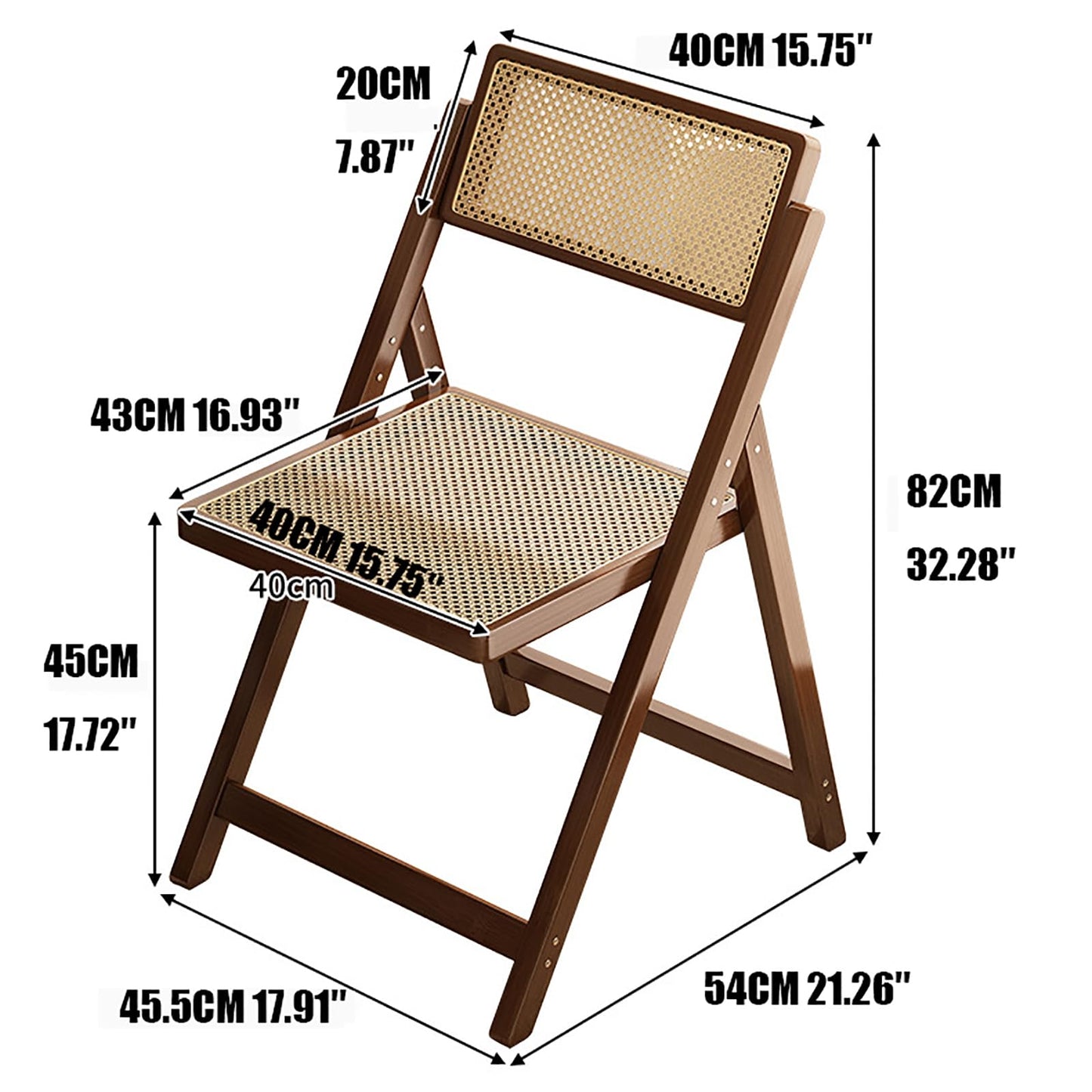 KISKIS Wooden Rattan Folding Chairs Portable Save Space Kitchen Dining Chair for Balcony Living Room, with Mesh Elastic Seat and Curved Back, 400LBS,1 Pack