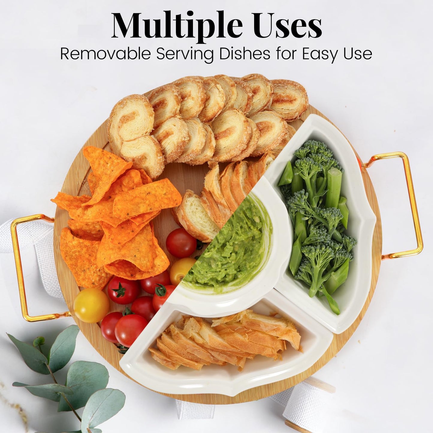 PLAPITATE Party Serving Trays and Platters, Ceramic Lazy Susan Serving Tray with Divided Sections Appetizer Rotating Serving Tray for Fruits, Veggies, Chips and Dip Serving Set