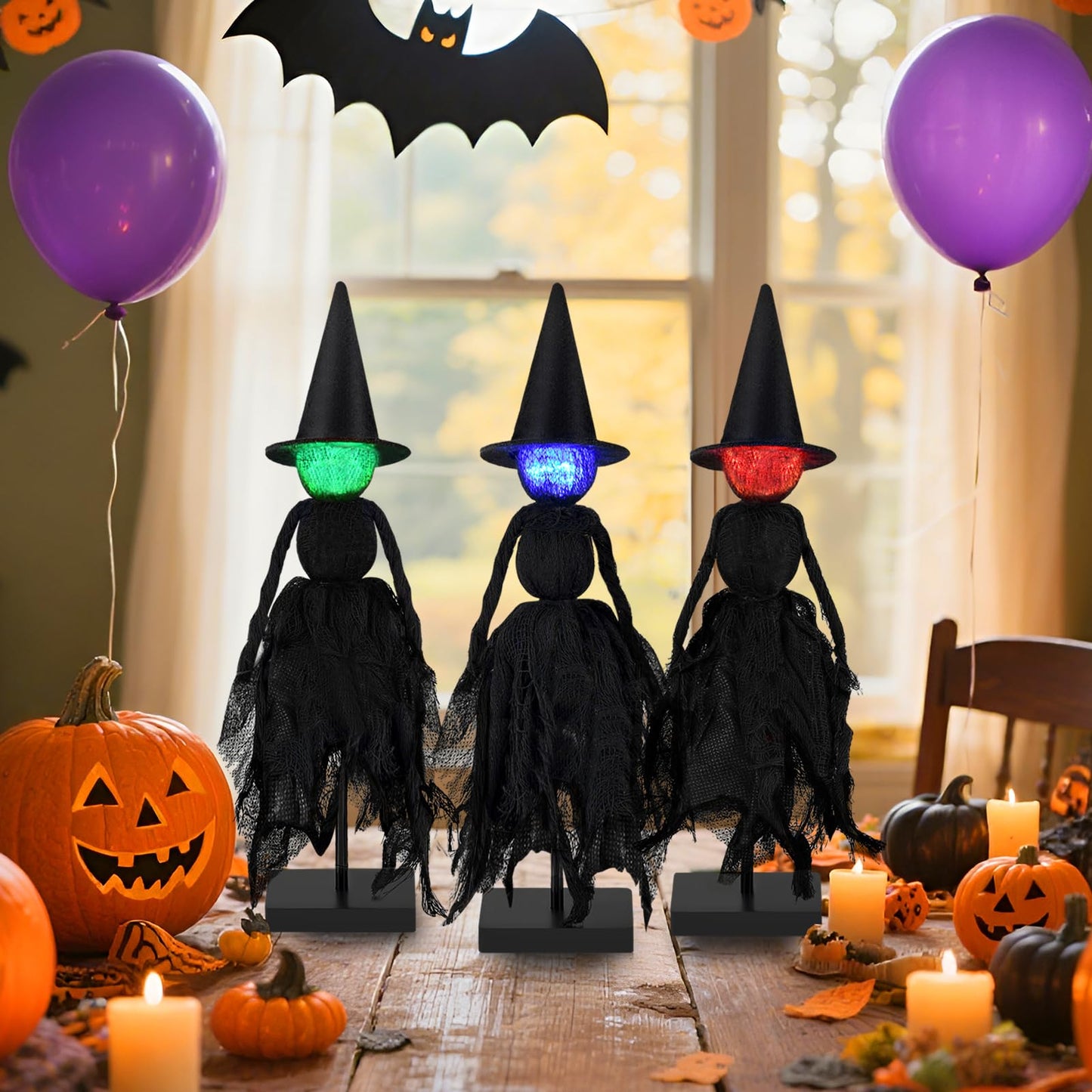 Halloween Decorations Indoor, Set of 3 Lighted Primitive Witch with Hat, Spooky Black Witches Figurines LED Lights Standing Table Decor Scary Table Centerpieces Tiered Tray Decor Shelves Mantels Home