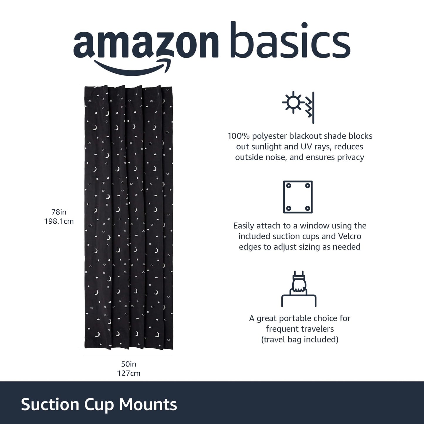 Amazon Basics Portable Blackout Curtain Shade with Suction Cups, 50" W x 78" L, 1-Pack, Moon and Stars