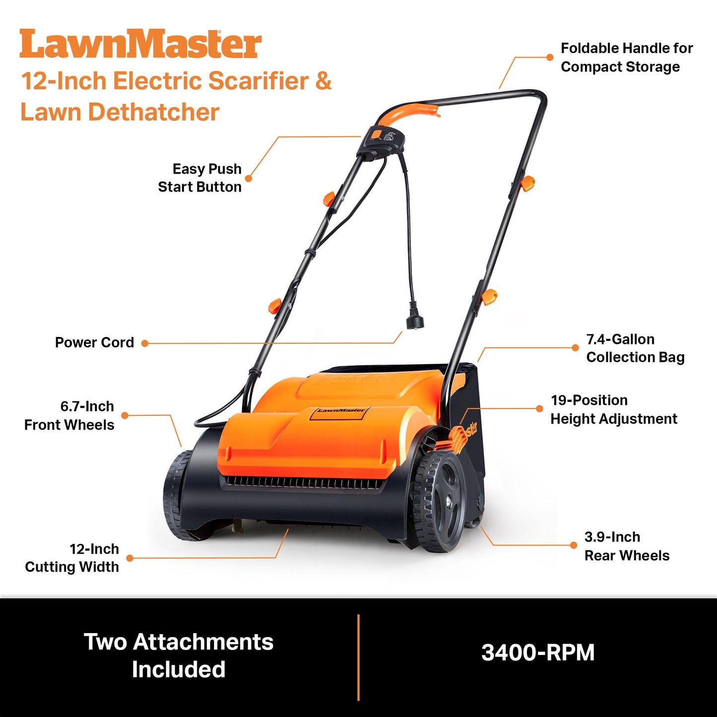 LawnMaster GV1212B Scarifier and Dethatcher 13-Inch 12AMP