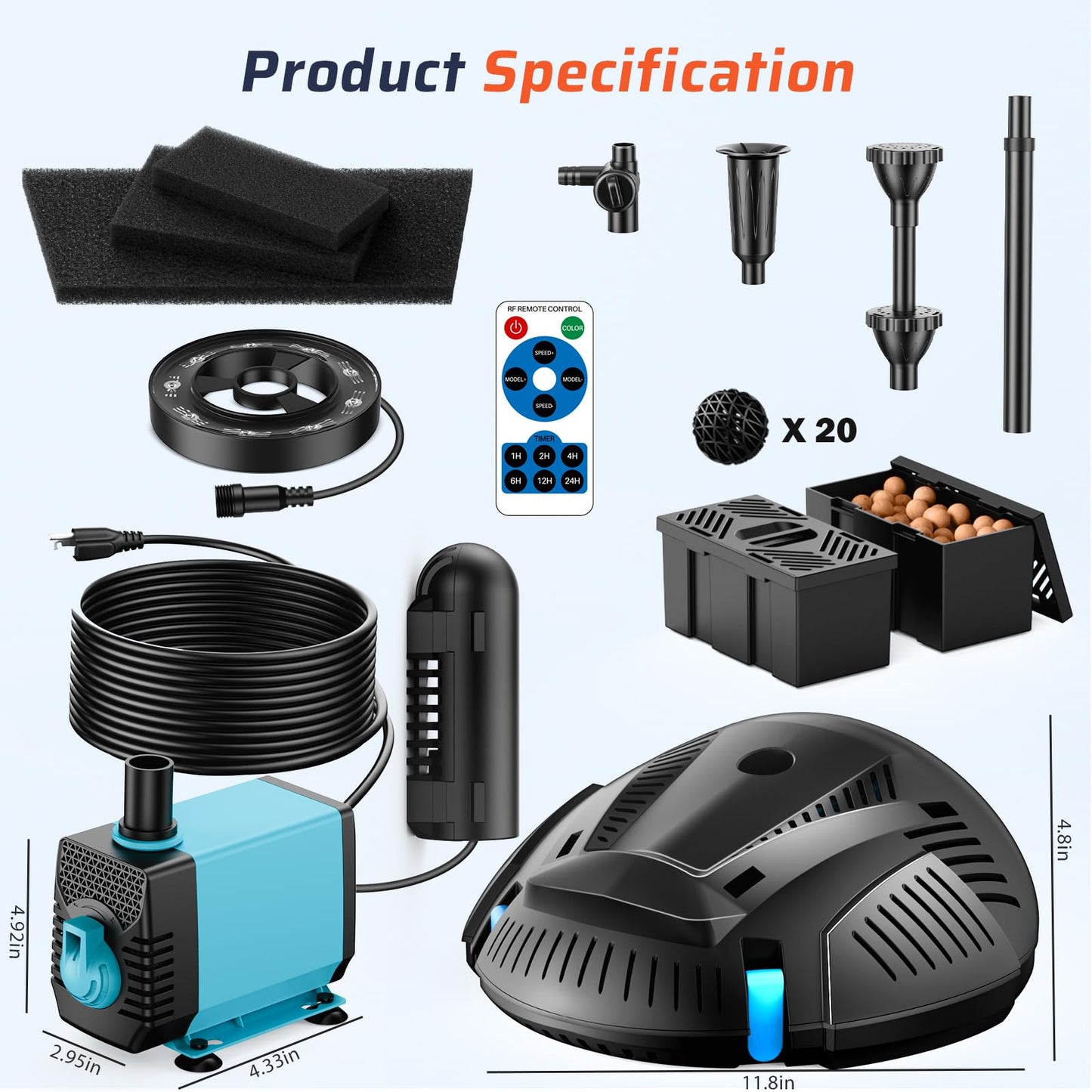 Antfraer Pond Filter with U-V Clarifier, 660GPH Pond Pump and Filter Kit & RGB LED Lights, All-in-One Submersible Pond Fountain for Outdoor Ponds, Koi Ponds, Water Gardens with Remote Control