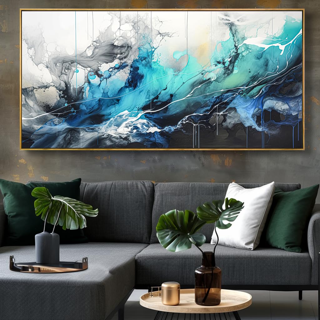 Wall Art Abstract Canvas Painting Teal Blue Modern Artwork for Living Room Bedroom Dining Room Home Office Decor 20"x40" with Framed