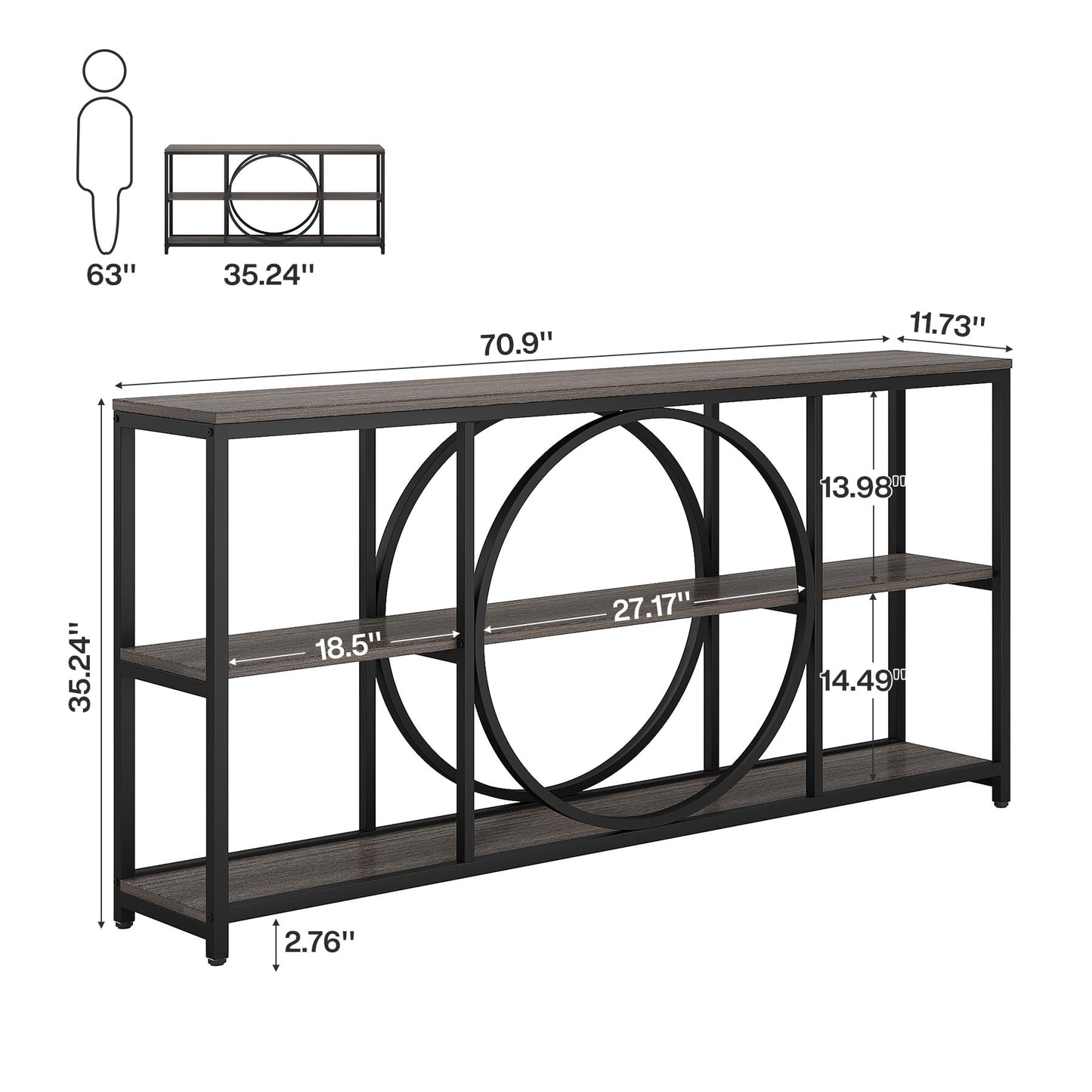 Tribesigns 70.9 inch Sofa Console Table, Extra Long Narrow Entryway Tables with 3 Tier Wood Storage Shelves Metal Frame for Foyer Hallway Living Room Behind Couch, Black Rustic Gray
