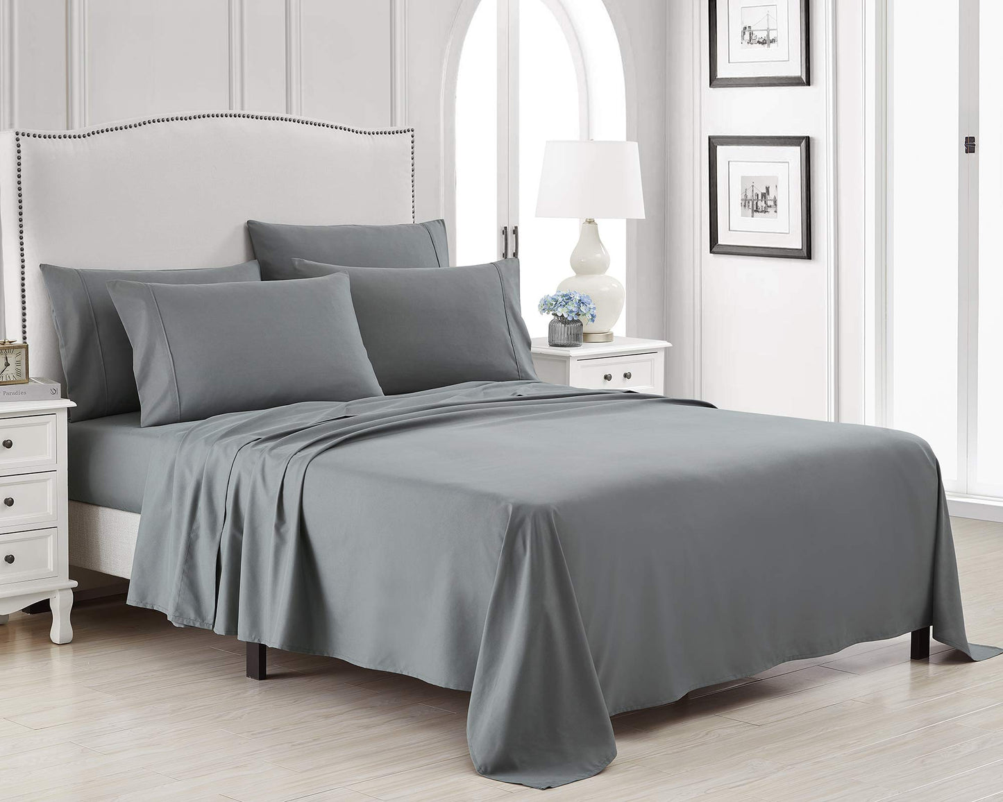 Queen Bed Sheet Set, 6 PC Super Soft Microfiber Bedding Set, Wrinkle & Fade Resistant Sheet Set, Hotel Quality Fits Mattress Up to 14'' Deep Pocket, Grey