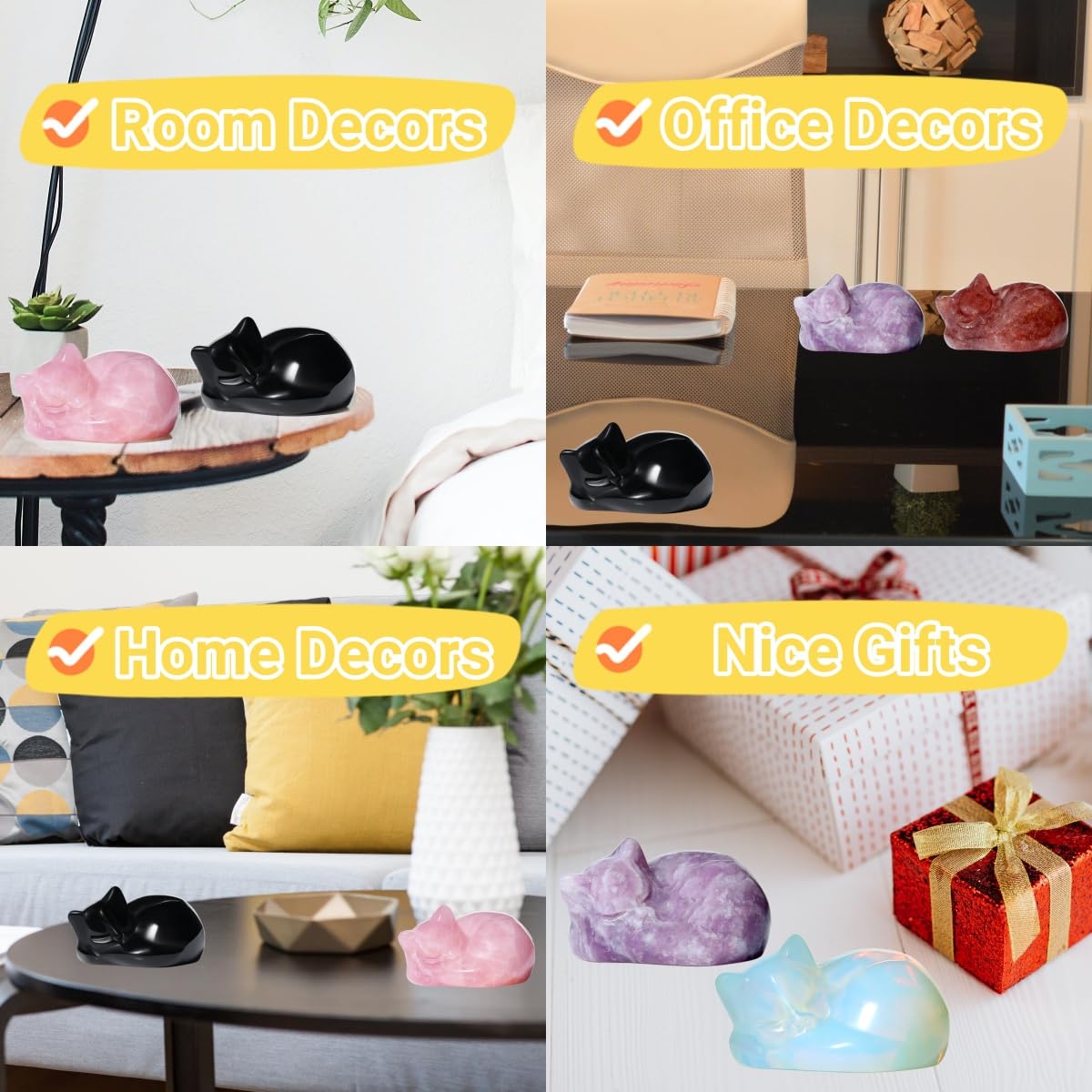 YATOJUZI 2" Cat Decors Statues Green Aventurine Crystals Sleeping Cats Gemstone Hand-Carved Cute Animal Statue Figurine Home Office Desk Decor Lucky Energy Reiki Kitten Ornaments Gifts for Women Men