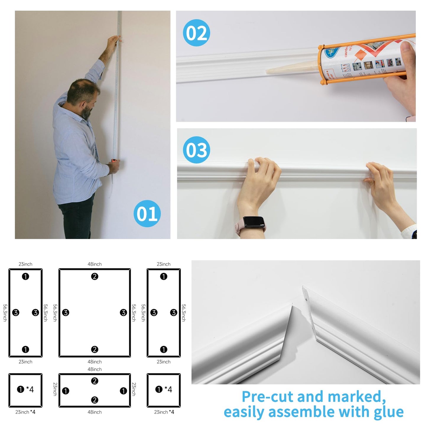 Art3d Pre-Cut Wall Molding Set of 6 pcs, Ready-to-Assemble Wainscoting Panels for Interior Wall Décor Living Room Bedroom Accent Wall - Installed with Glue, 3 Top 3 Bottom