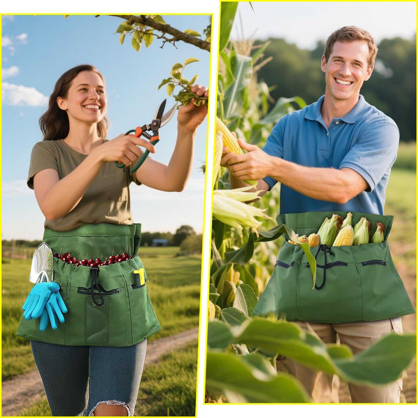 Sxdahran Gardening Apron, 4 Pockets for Harvesting Vegetables Eggs Half Garden Apron Unique Gift Garden Tools Organizer Green