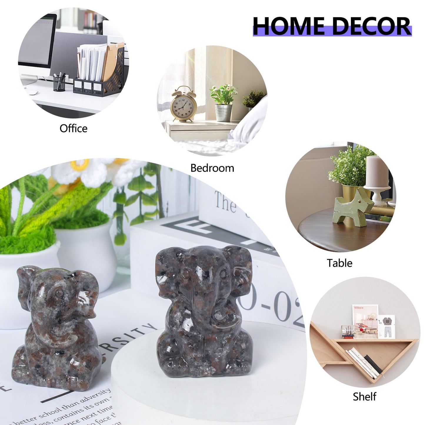 Ytbeoxk 2 Inch Crystal Elephant Decor Statues, Yooperlite Cute Sitting Elephant Figurines, Reiki Healing Crystal Carved Animal Statues, Home Office Desk Hand Carved Decor Gifts for Women