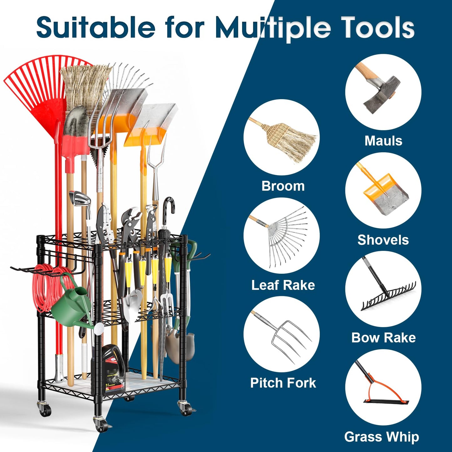 Roxibelt T1 Garden Tool Organizer(With Lockable Wheels)Heavy Duty Garage Tool Storage for Yard,Shed,Outdoor and Lawn,Freestanding Tool Organizers and Storage UP to 50 Tools,Black with Anti-Tip Device