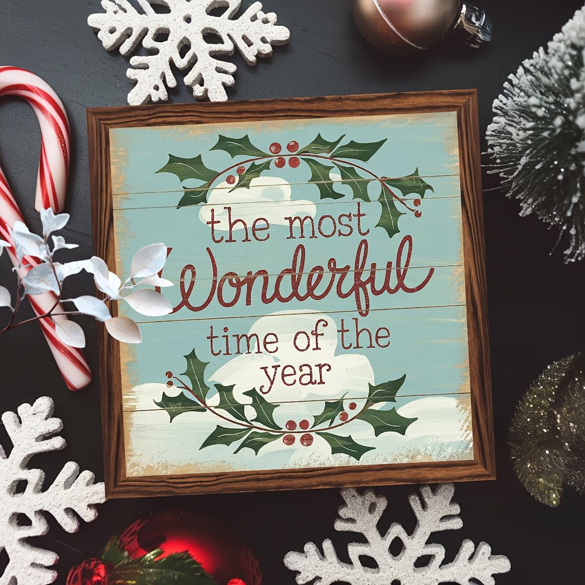 The Most Wonderful Time of the Year Wooden Framed Sign Christmas Holly Berry Decor Wall Art Inspirational Quote Rustic Decor for Home, Living Room, Winter 8x8 Inch