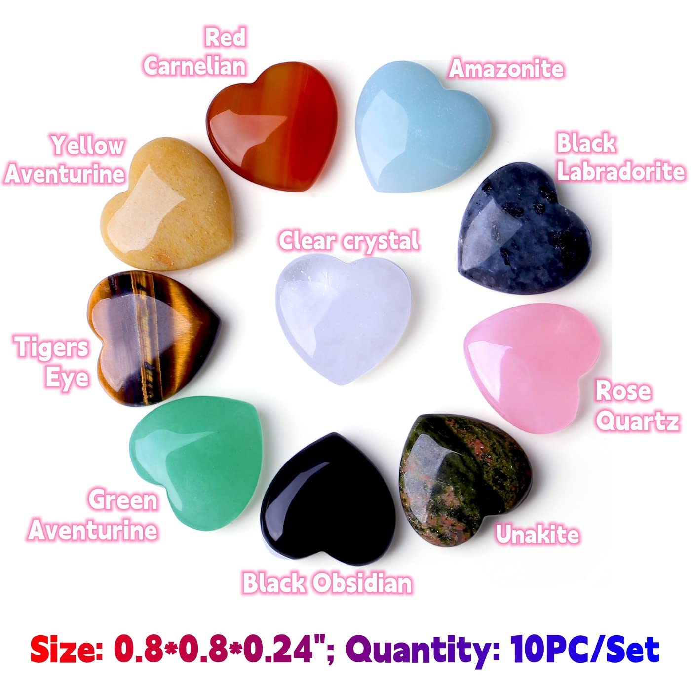 QINJIEJIE 10PCS Crystals Heart Healing Stones Rose Quartz Amethyst Polished Love Stone Palm Natural Gemstones Set Wholesale Reiki Balancing Meditation 0.8" Crystal Gifts for Women