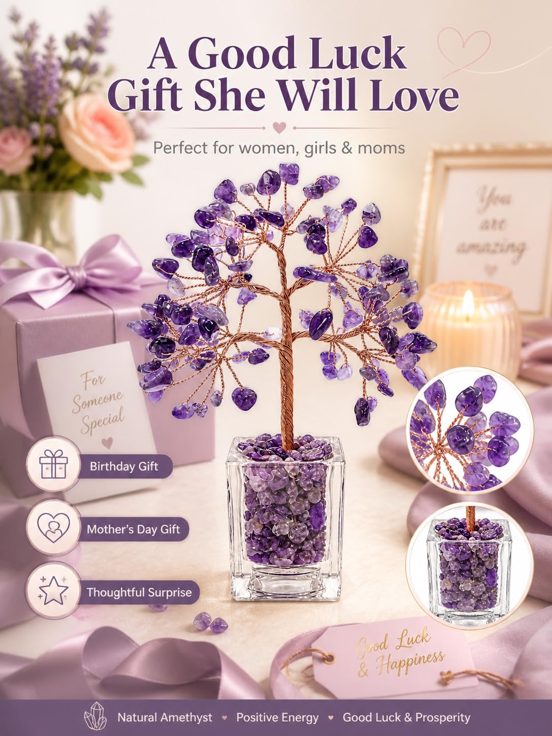 RJVZUKL Natural Amethyst Crystal Tree of Life, Purple Money Tree with Clear Acrylic Base, Handmade Copper Wire Bonsai, Feng Shui Desk Decor, Good Luck Gifts for Women Mom Sister