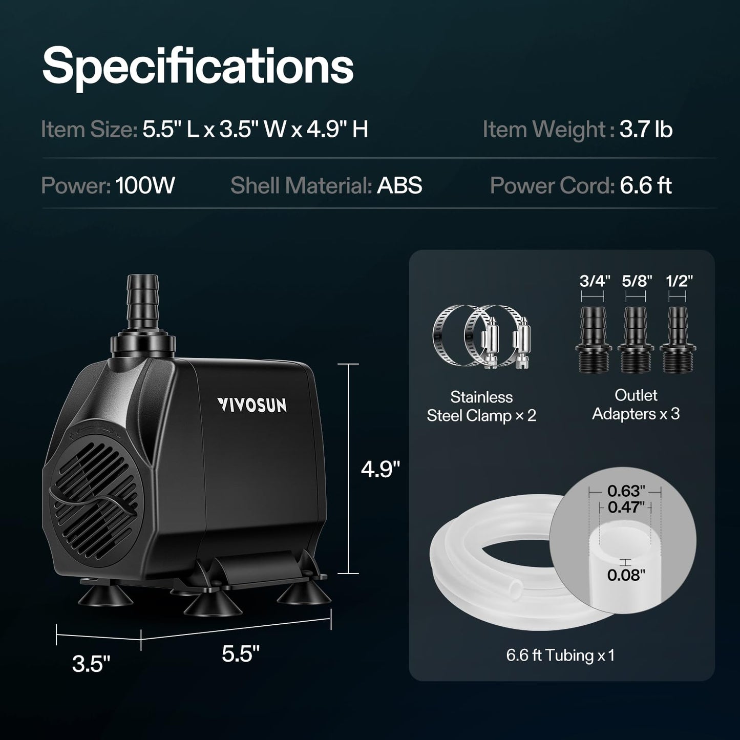 VIVOSUN 1050 GPH 100W Submersible Water Pump, Quiet Fountain Pump With 13.1 ft Head Lift, 6.6 ft Power Cord, 3 Nozzles, Tubing, & 2 Clamps, For Fish Tank, Pond, Aquarium, Hydroponics