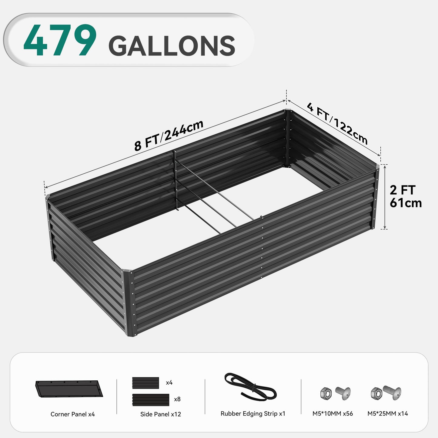 YITAHOME 8x4x2 ft 4pcs Galvanized Raised Garden Bed Kit, Large Metal Planter Box with Gloves, Safety Rubber & Support Rod, Outdoor Flower Bed for Plants Vegetables, Black