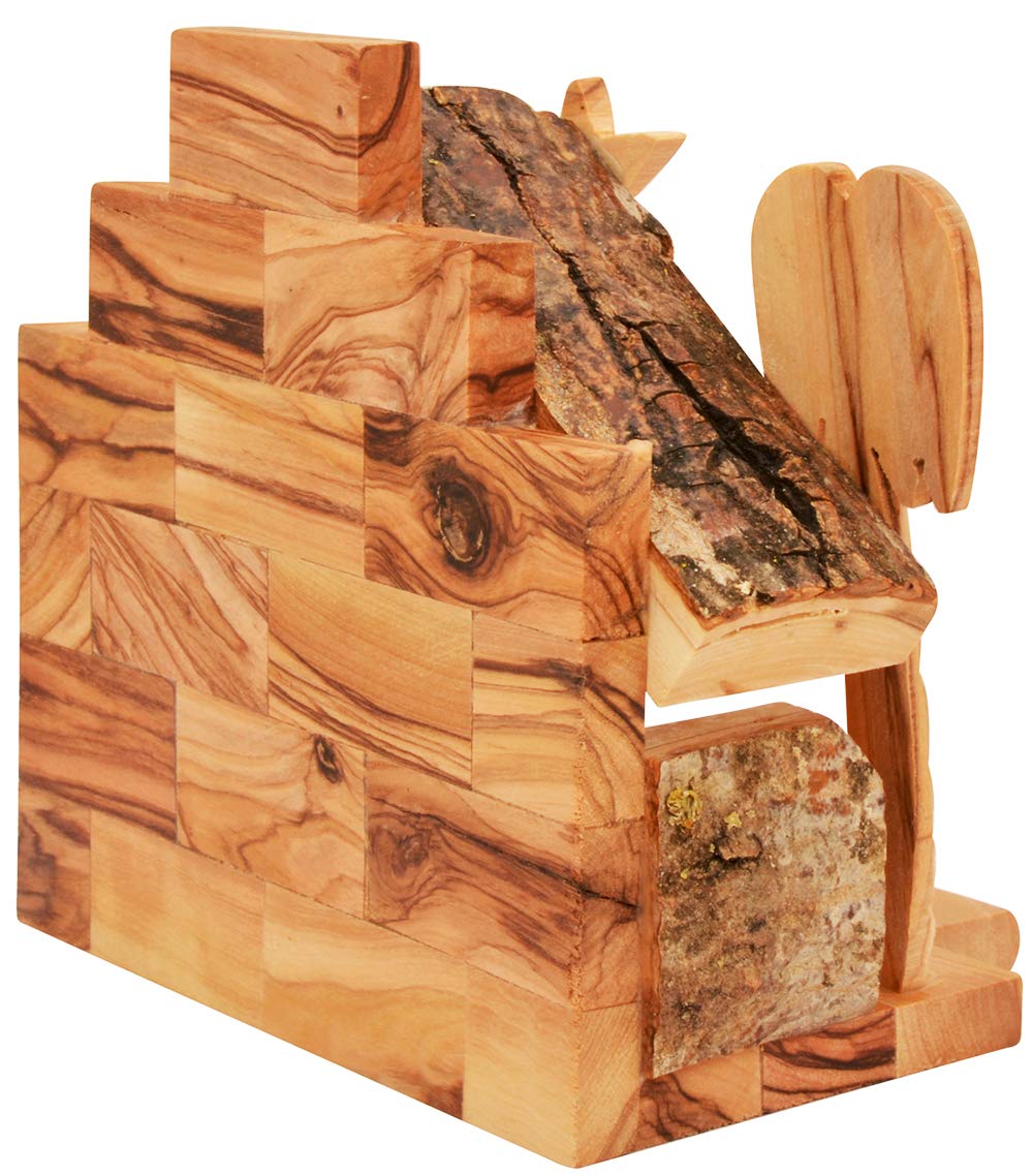 Olive Wood Nativity Set with Figurines – Natural Bark Roof Stable – Handmade Christian Christmas Decoration – Holy Land Gift – Made in Bethlehem – Religious Manger Scene Display