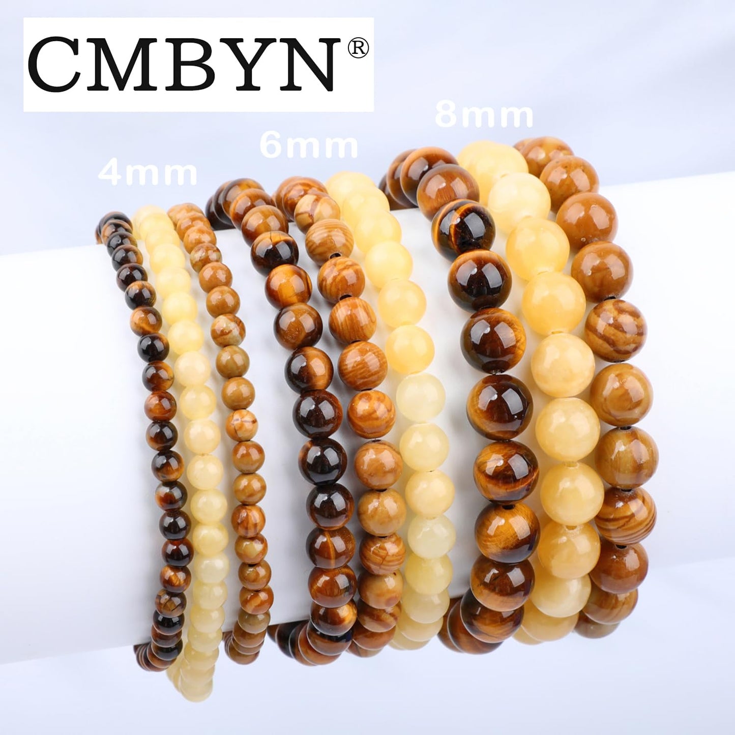 CMBYN 3-Pieces 4mm Natural Crystal Gemstone – Woodgrain Jasper, Yellow Jade, Yellow Tiger's Eye Handmade Reiki Energy Healing Stretch Bracelets Jewelry for Yoga, Meditation, Unisex
