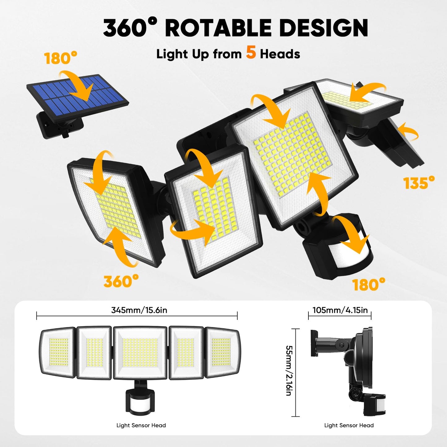 MDCMDCM Solar Motion Lights Outdoor - with 16.4ft Cable, 3000LM LED Security Lights for Outside Dusk to Dawn, 2400mAh IP65 Waterproof Flood Lights with Remote for Court Yard Garage Front Door
