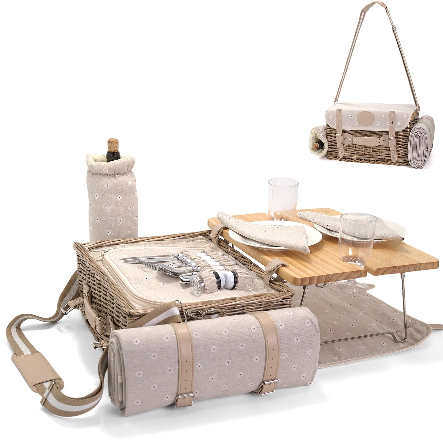 Multifunctional Wicker Picnic Basket Set for 2 with Blanket and Picnic Table, Insulated Picnic Set with Full Tablewares for Camping Outdoor Couples, Flowers