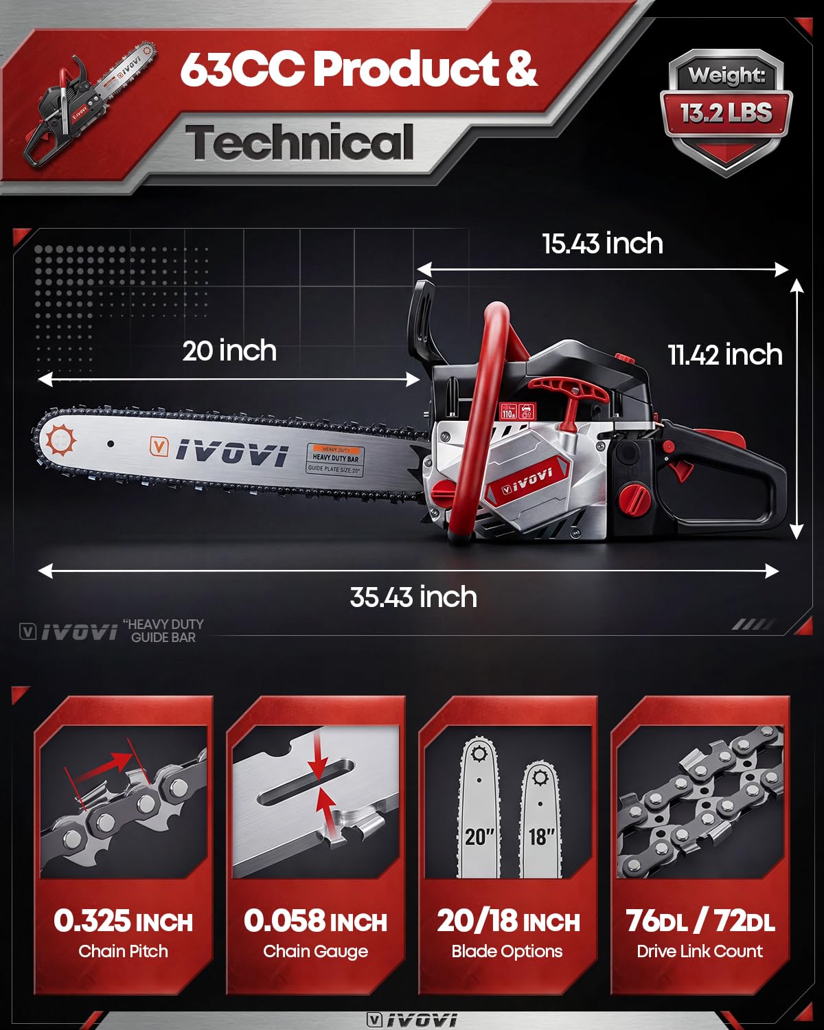 IVOVI 63CC Gas Powered Chainsaw with 20 and 18 Inch Bars, 3.7HP 2-Cycle Engine for Tree Felling, Logging and Firewood Preparation, Includes Portable Carrying Pouch and Tool Kit (Silver Black)