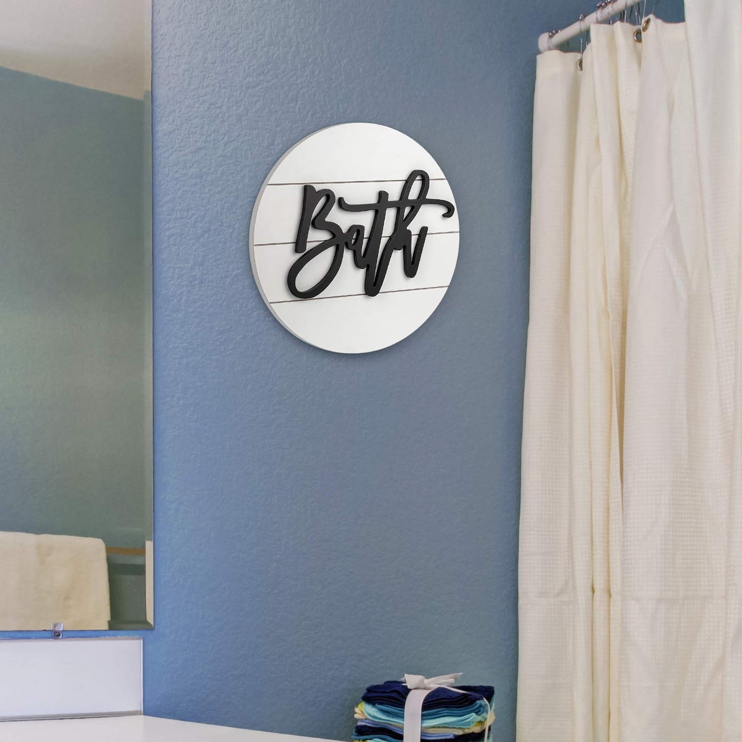 Modern Rustic 3D Bath Sign,Wooden, Handcrafted, Shiplap Farmhouse Bathroom Round Sign for Wall Hanging Décor for Home (White)