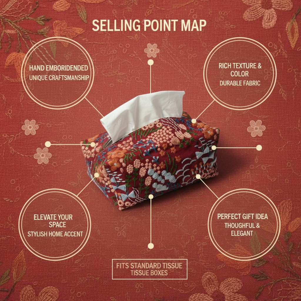 Floral Pattern Tissue Box Cover, Burgundy Red with Embroidered Design