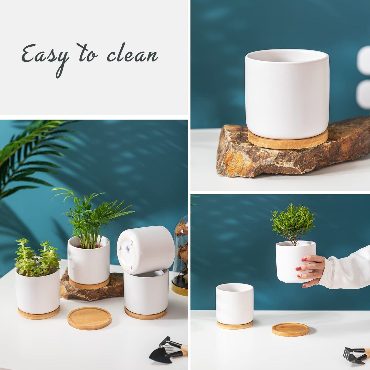 TAMAYKIM 4 Inch White Ceramic Plant Pots with Drainage Holes, Adorable Flower Planter Pot with Tray for Indoor Succulent Plants, Snake Plants, Cactus & Herbs, Set of 4 (Plant Not Included)