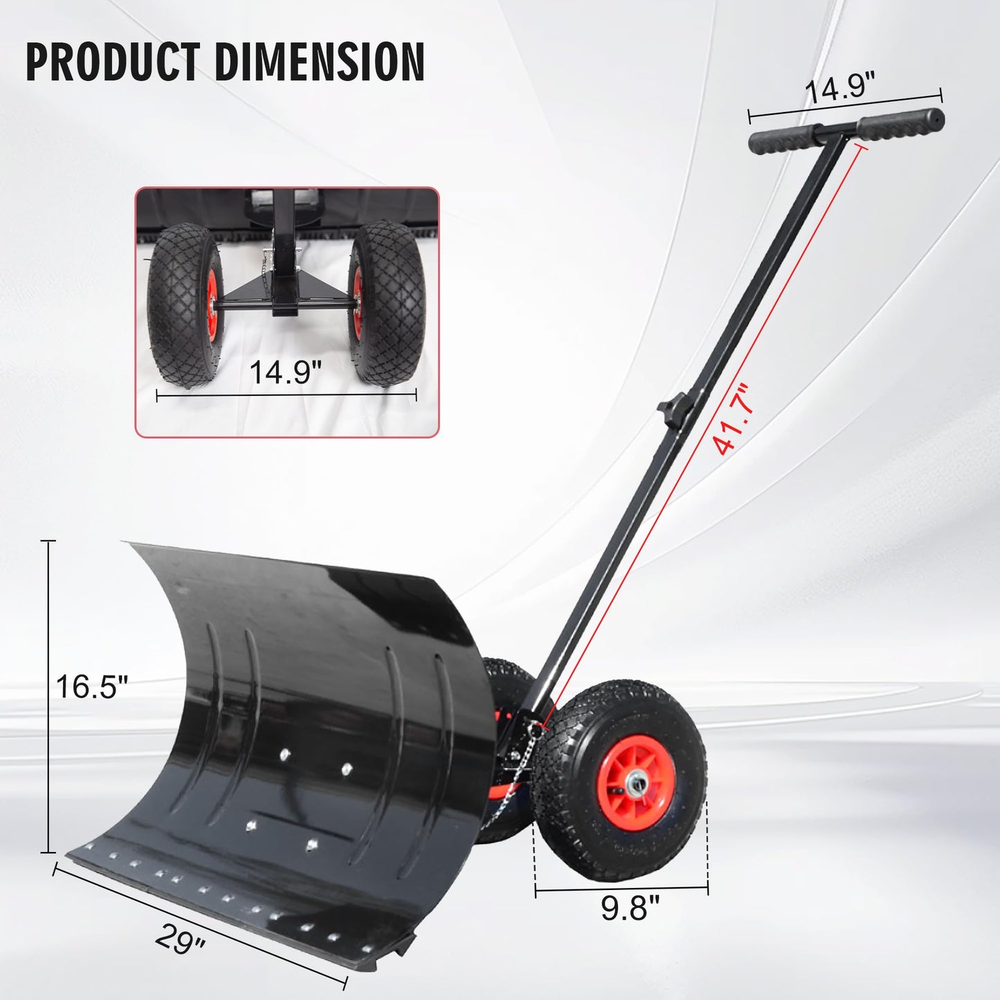 Single Rod Snow Shovel for Driveway - Lightweight Metal Snow Pusher with Wheels, 29" Adjustable Blade for One-Handed Snow Removal