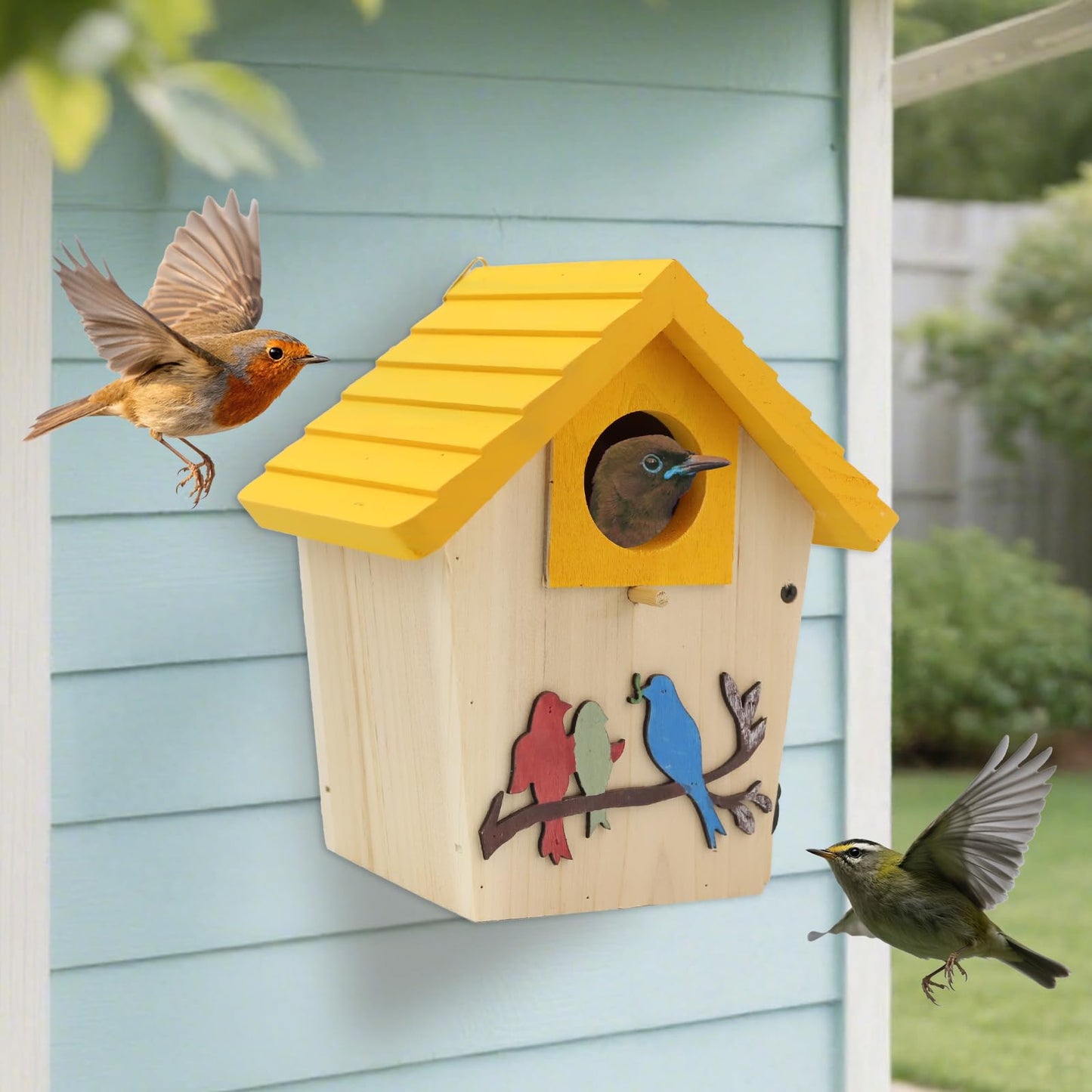 Wooden Bird Houses Bird House for Outside,Yellow Wood Bird House for Outdoors, 1.5" Entrance Hole Bird Houses for Garden Blue Bird Hummingbird Wren Cardinal Swallow Sparrow Finch