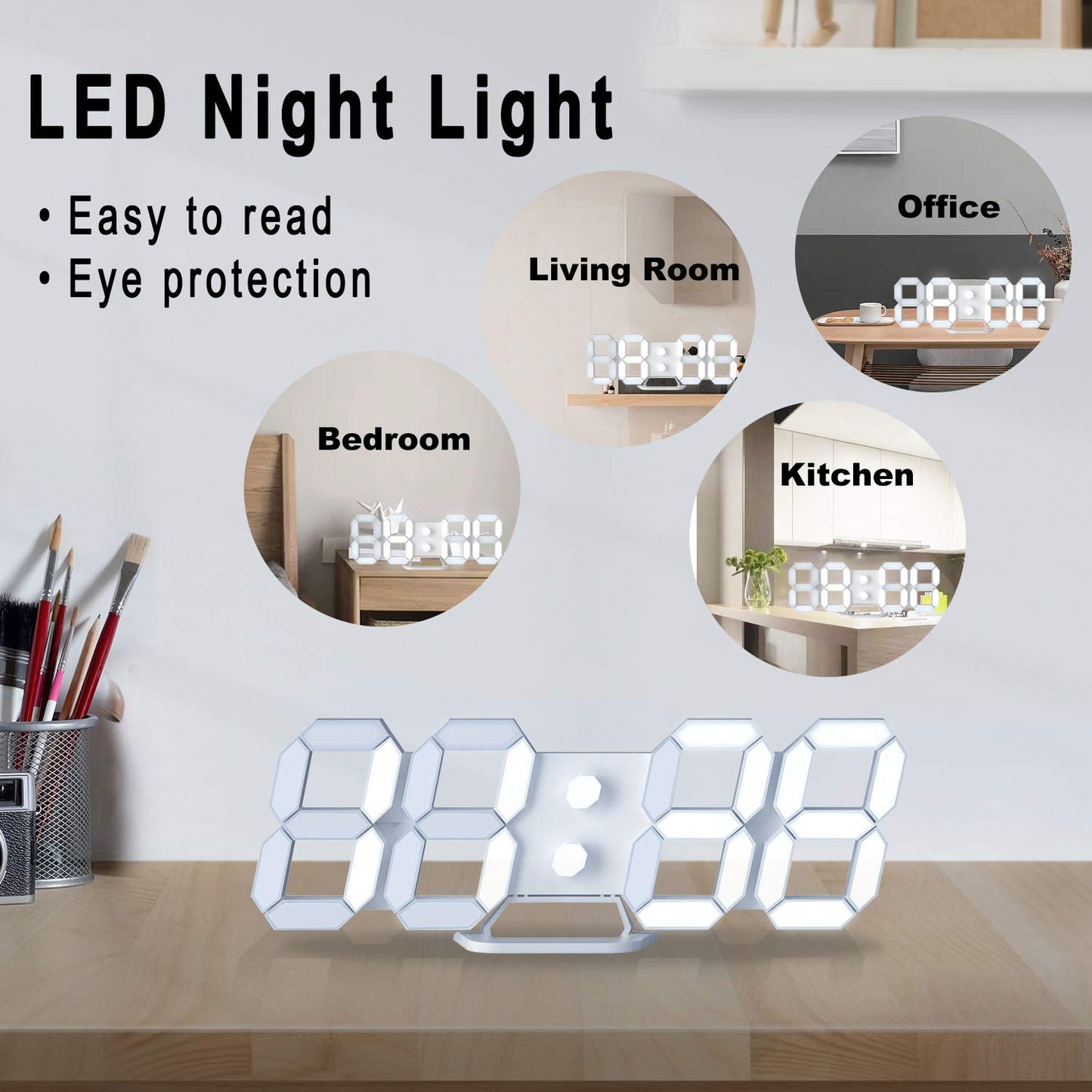 EDUP HOME 3D LED Digital Wall Clock/Desk Alarm Clock with Remote Control for Kitchen Bedroom Office, 9.7" LED Night Light Decor Clock Adjust Brightness 12H/24H Time Date Temperature, Great Gift