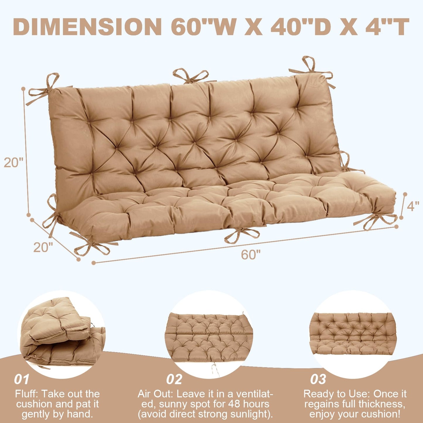 EverPine Outdoor Swing Cushion Replacement Patio Bench Cushion Waterproof Thick Seat Pad for Porch Swing Daybed Garden Sofa Furniture (Khaki)