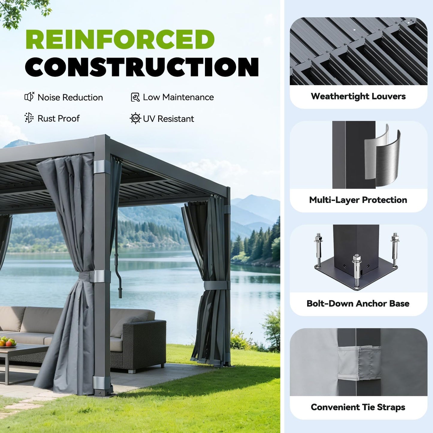 MELLCOM Louvered Pergola 12x12, Steel Aluminum Pergola with Adjustable Louvered Roofs, Outdoor Gazebo with Waterproof Curtains and Nets, Black