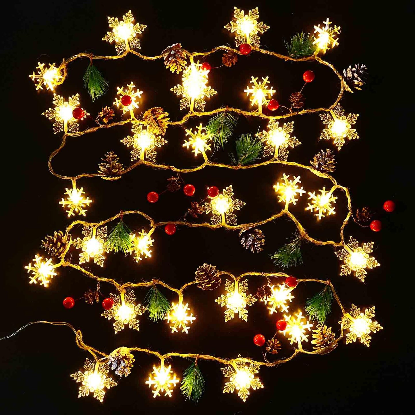 30 Led 10ft Christmas Garland Snowflake Lights, Pine Cones Red Berry Battery Operated Fairy String Lights 8 Lighting Modes with Timer Indoor Outdoor Tree Decor Fireplace Mantle Decorations Warm White