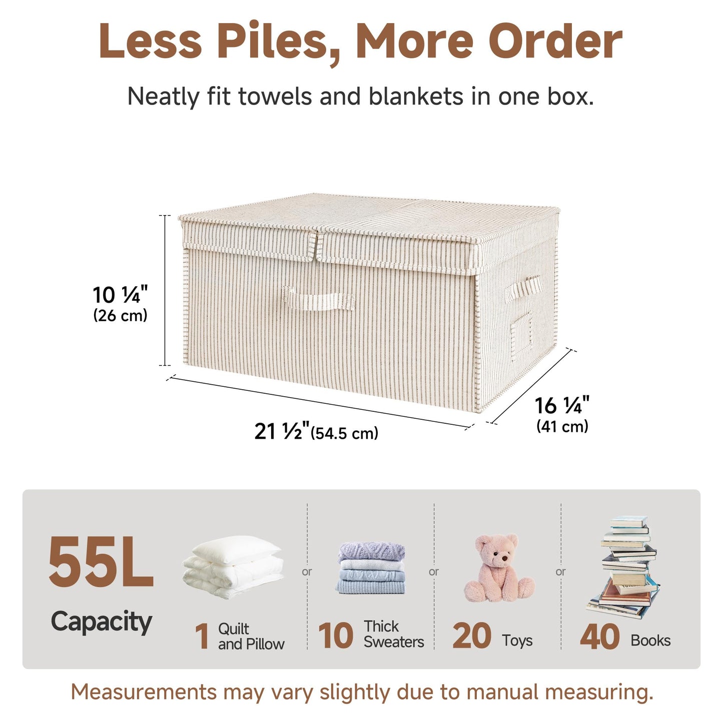StorageWorks Extra Large Storage Bins with Lids, 55L Decorative Organizer with Divider Board, Fabric Boxes with Handles, Khaki and Beige Stripes, 2-Pack