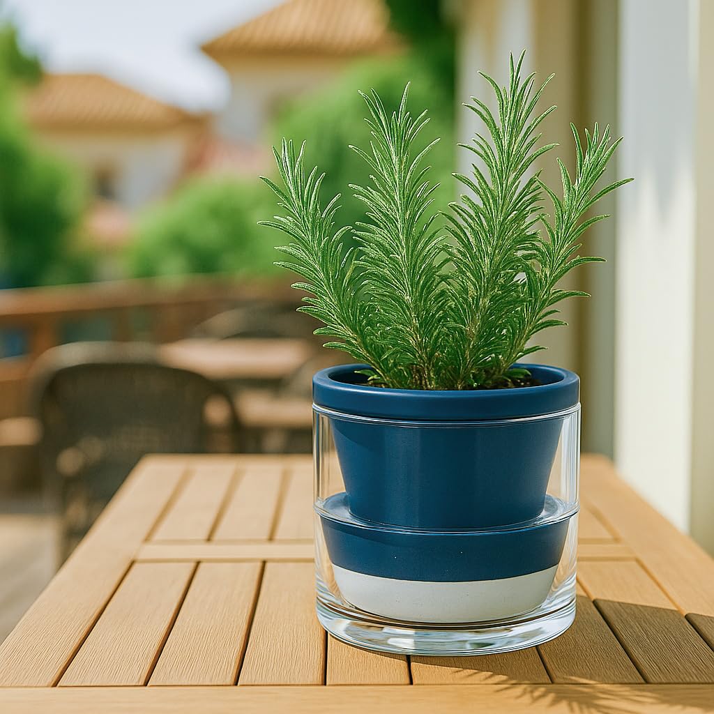 D'vine Dev 6 Inch Design Self Watering Planter for Indoor Plants, Blue Terracotta Pot with Cylinder Glass Cup, Set of 2, 37-Y-B-4