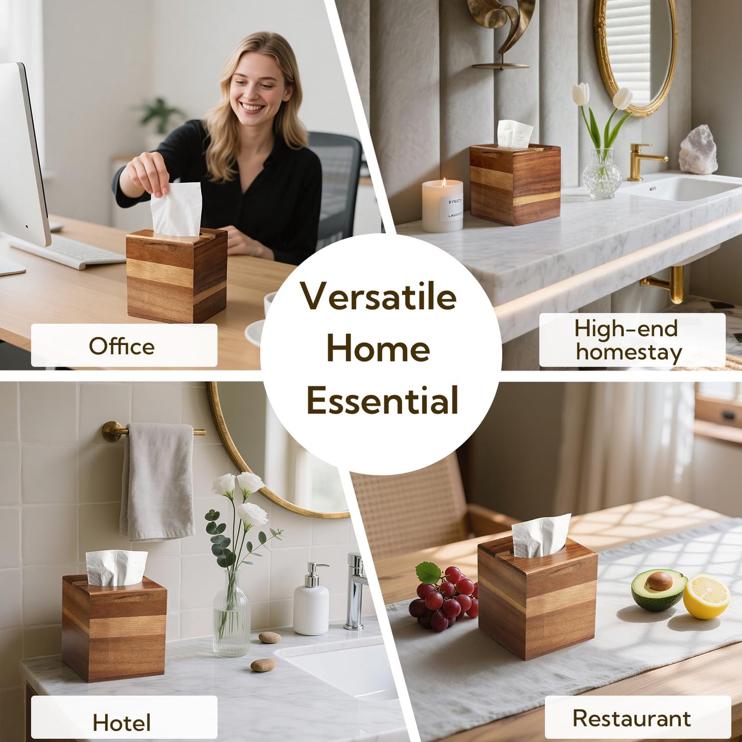 Wooden Tissue Box Cover 6 Pack - Acacia Wood Tissue Box Holder for Bathroom, Office & Farmhouse Decor, Decorative Square Covers for Tabletop Stands