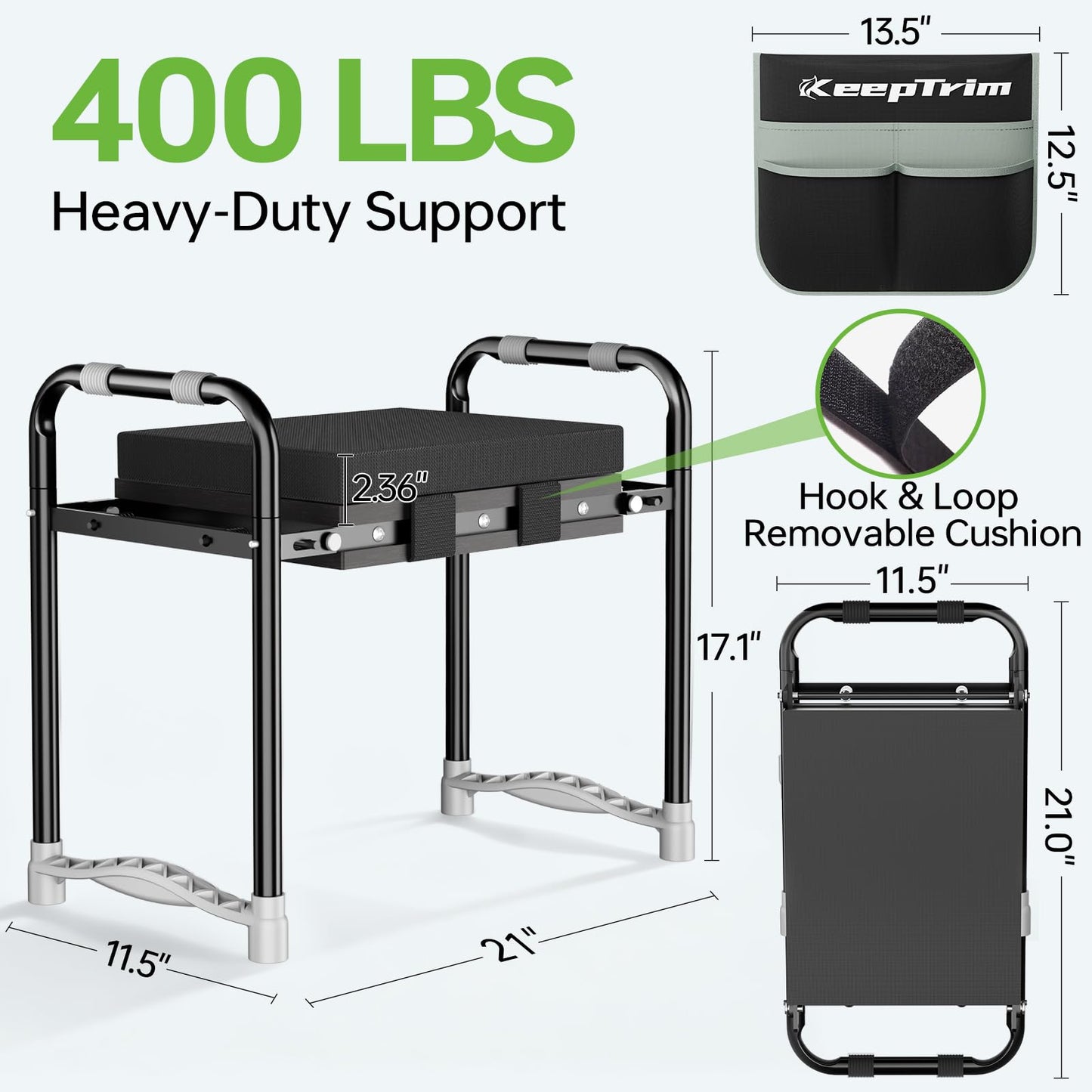 KeepTrim Garden Kneeler and Seat, Foldable Ergonomic Kneeling Bench with Tool Pouch 400 Lbs (Black)