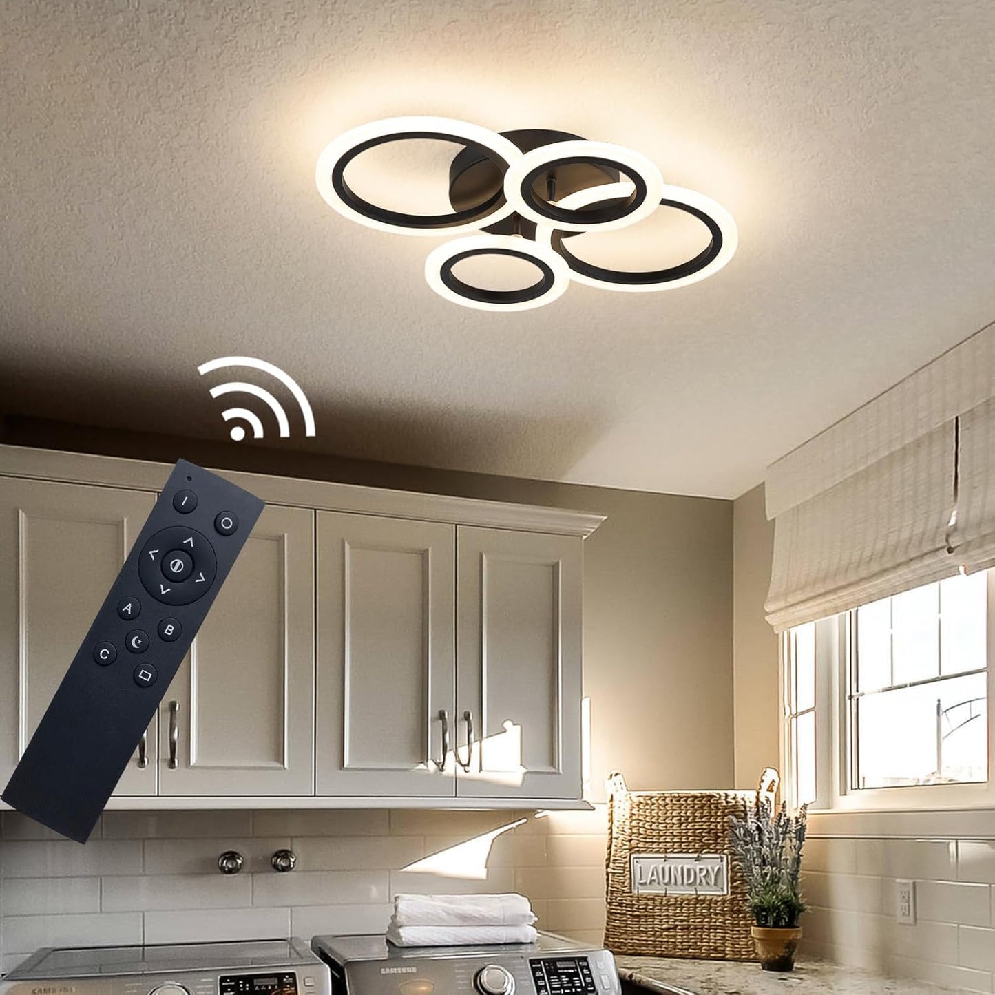 Shine LUEST 34W Modern LED Ceiling Light, 3000K-6000K Dimmable Ceiling Lighting Fixtures Ceiling Mount 4 Rings Black LED Chandelier Bedroom Lights Flush Mount with Remote for Kitchen, 2720LM