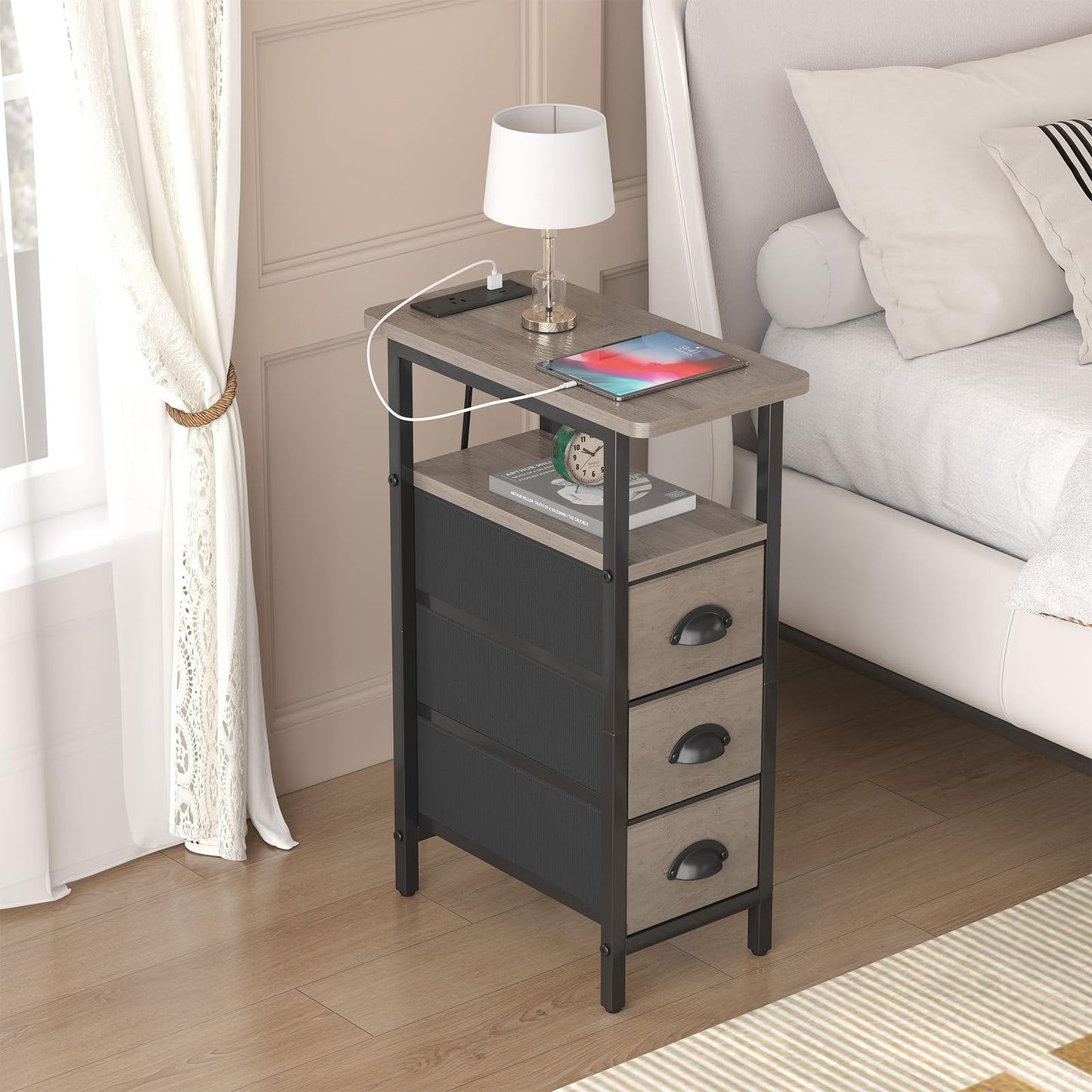 sthmec End Table with Charging Station,Narrow Side Tables with USB Ports and Outlets,Skinny Bedside Tables with 3 Drawers,Small Tables Nightstands for Small Space,Slim Sofa Table for Livingroom,Grey